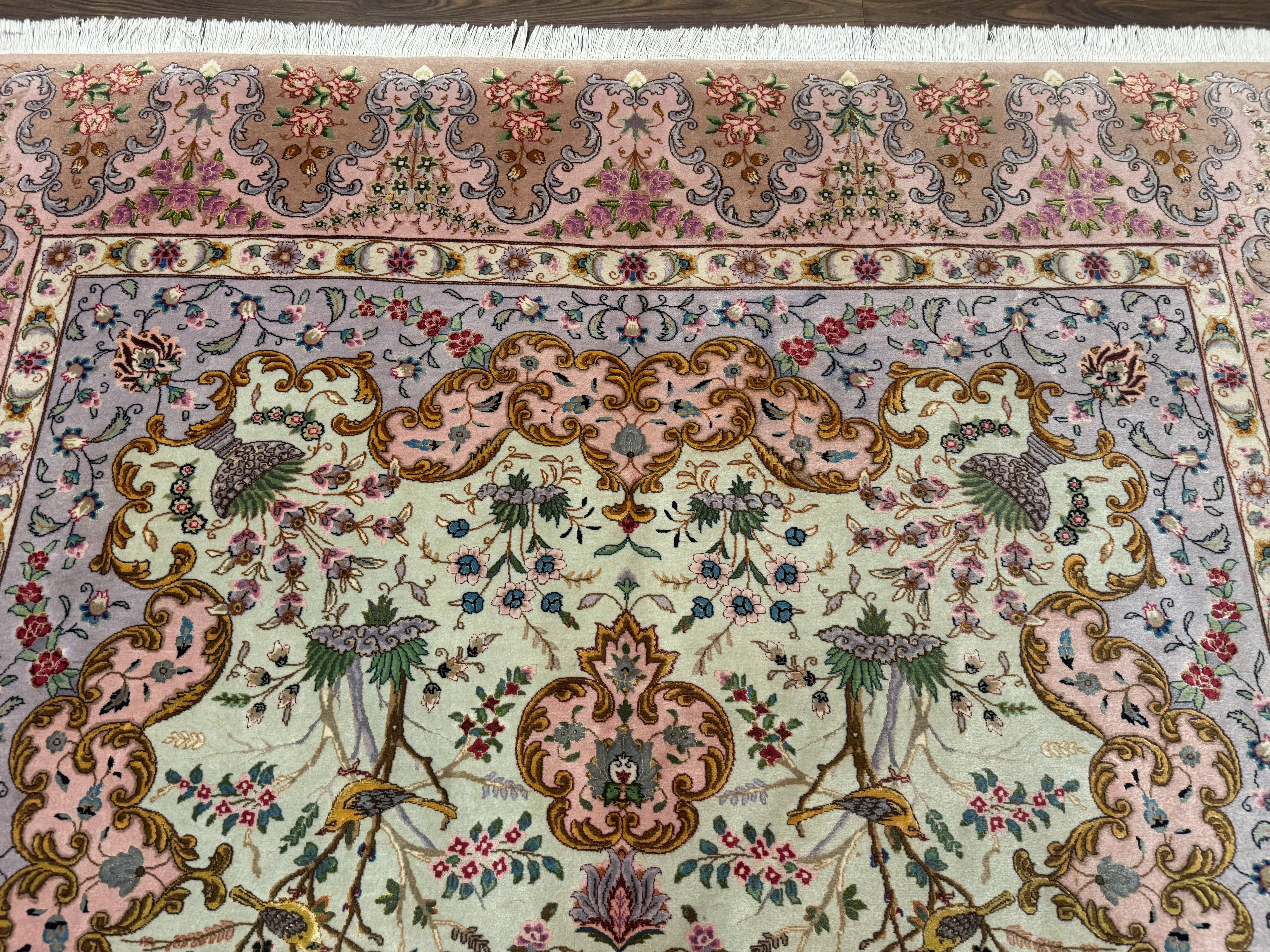 Wonderful Persian Tabriz Rug 7x10, Very Fine 330 KPSI, Light Green Light Blue Pink, Kork Wool Silk Foundation, Bird Pictorials - Jewel Rugs