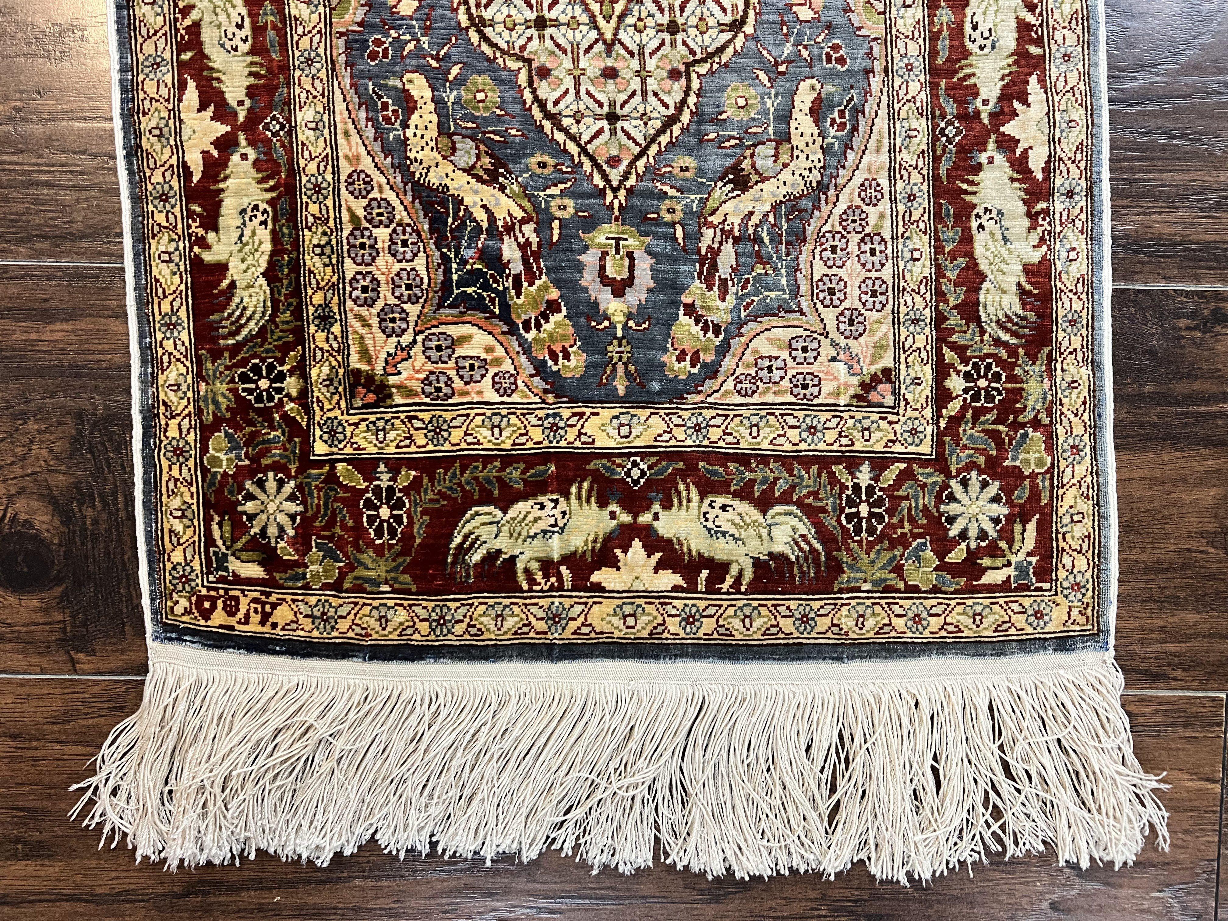Silk Turkish Hereke Rug 2x3, Peacocks Birds, Signature from Master Weaver, Super Finely Hand Knotted 550 KPSI, Animal Pictorials - Jewel Rugs