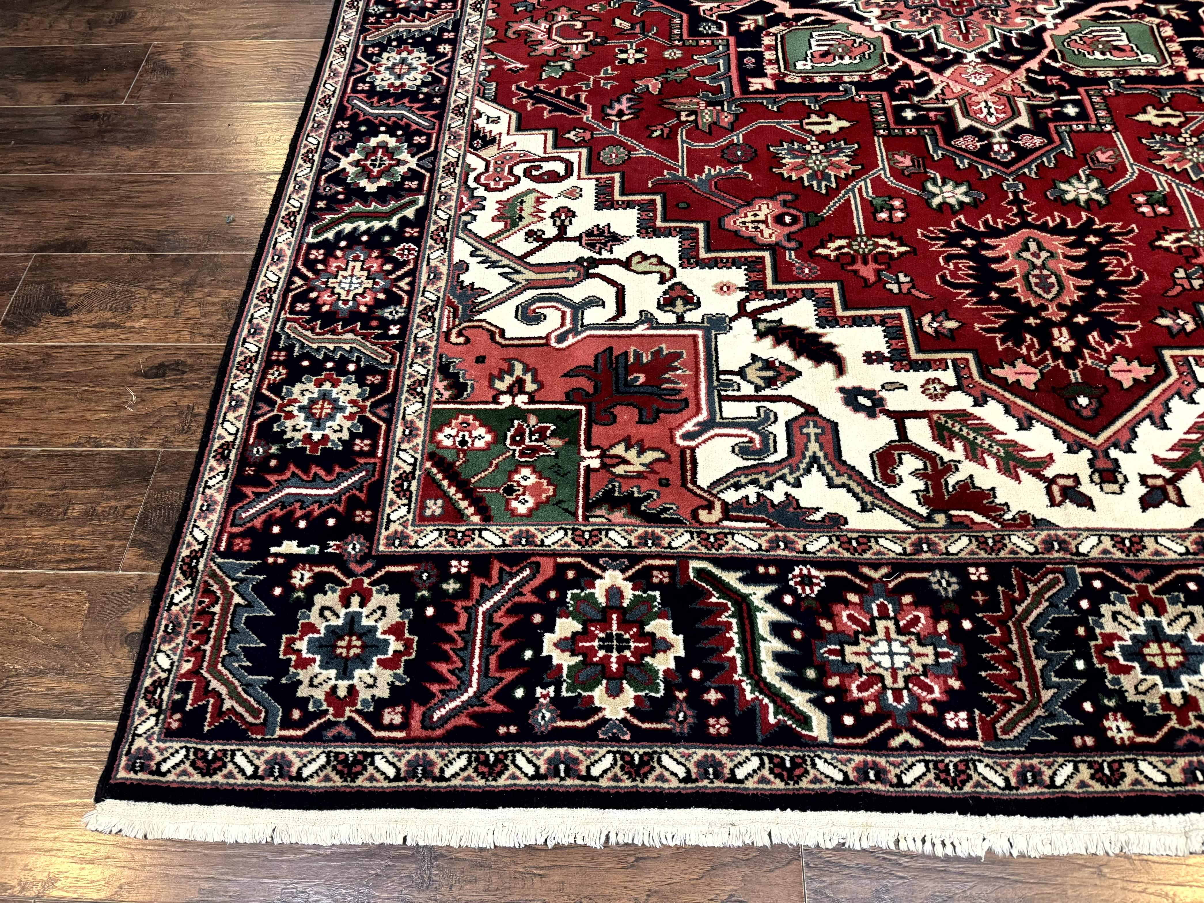 Indo Persian Heriz Rug 8x10, Geometric Medallion, Brick Red Ivory Navy Blue, Room Sized Heriz Carpet, Wool Rug - Jewel Rugs