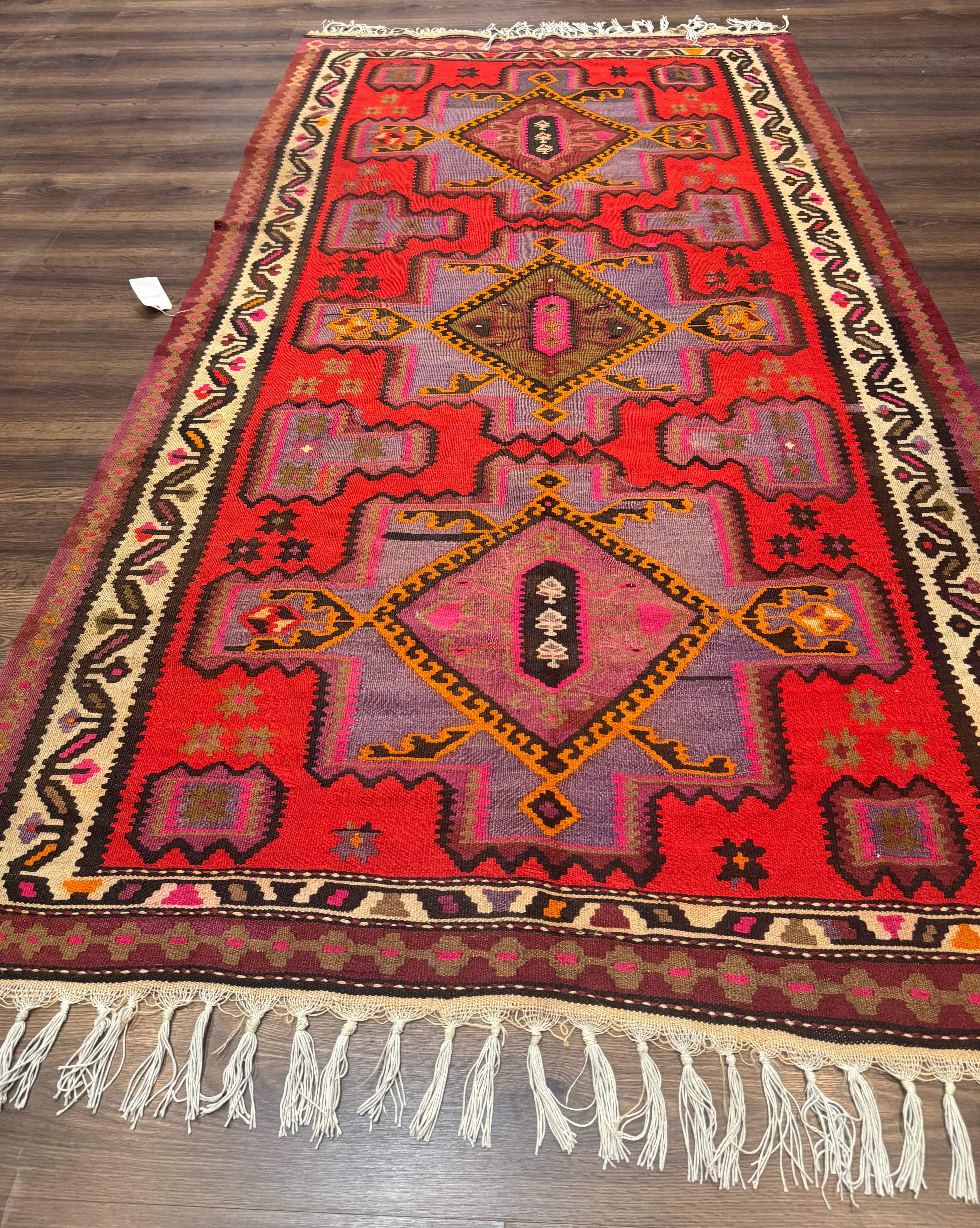 Persian Kurdish Zarand Kilim Rug 5x9, Red, Geometric Medallions, Wide Runner - Jewel Rugs