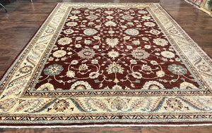 Peshawar Rug 9x11, Pakistani Oriental Carpet, Maroon and Beige, Floral Allover, Wool Hand Knotted Handmade Vintage Rug
