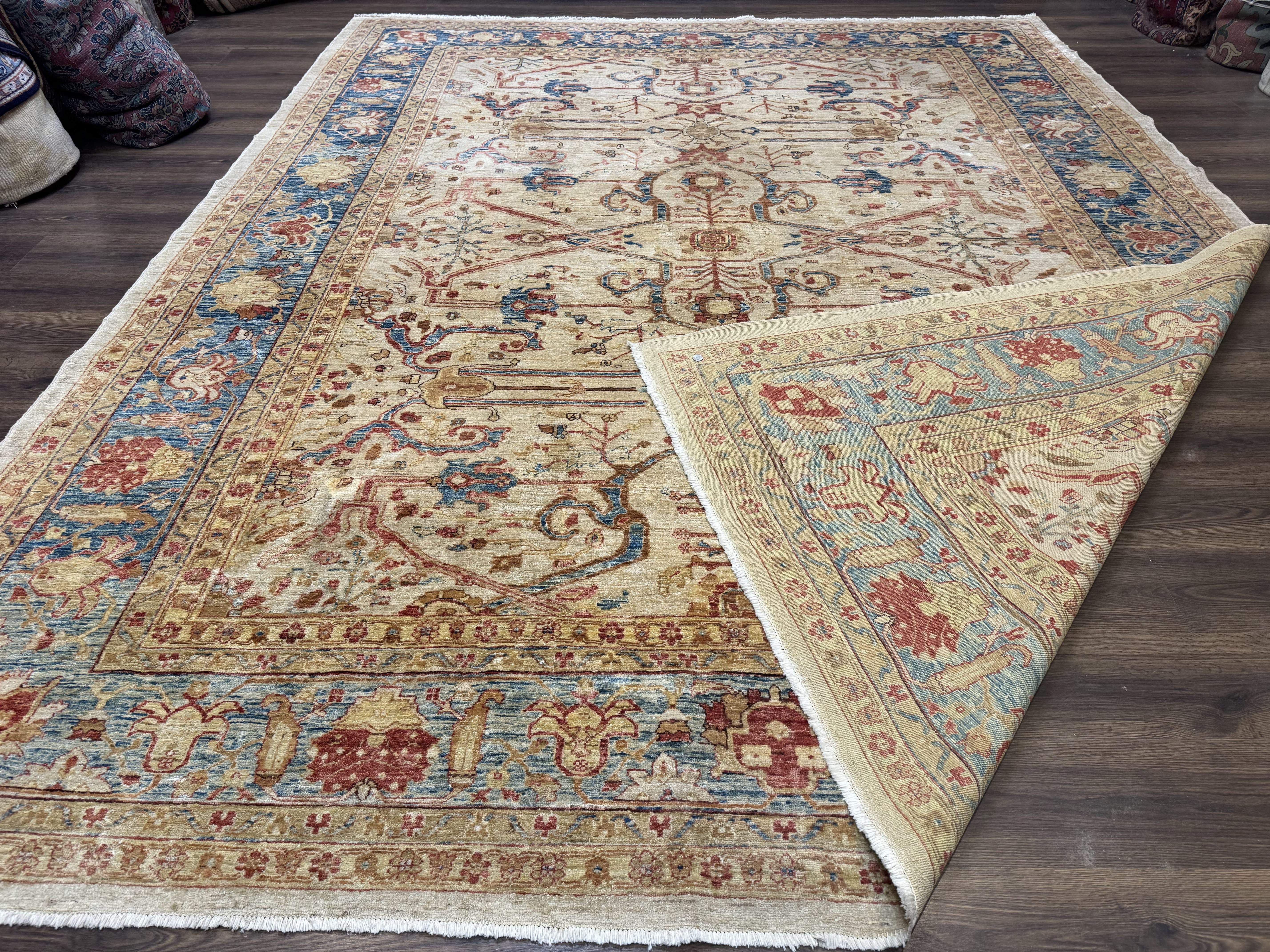 Pakistani Peshawar Rug 10x12 – Tan and Blue, Hand-Knotted Wool Oushak Carpet - Jewel Rugs