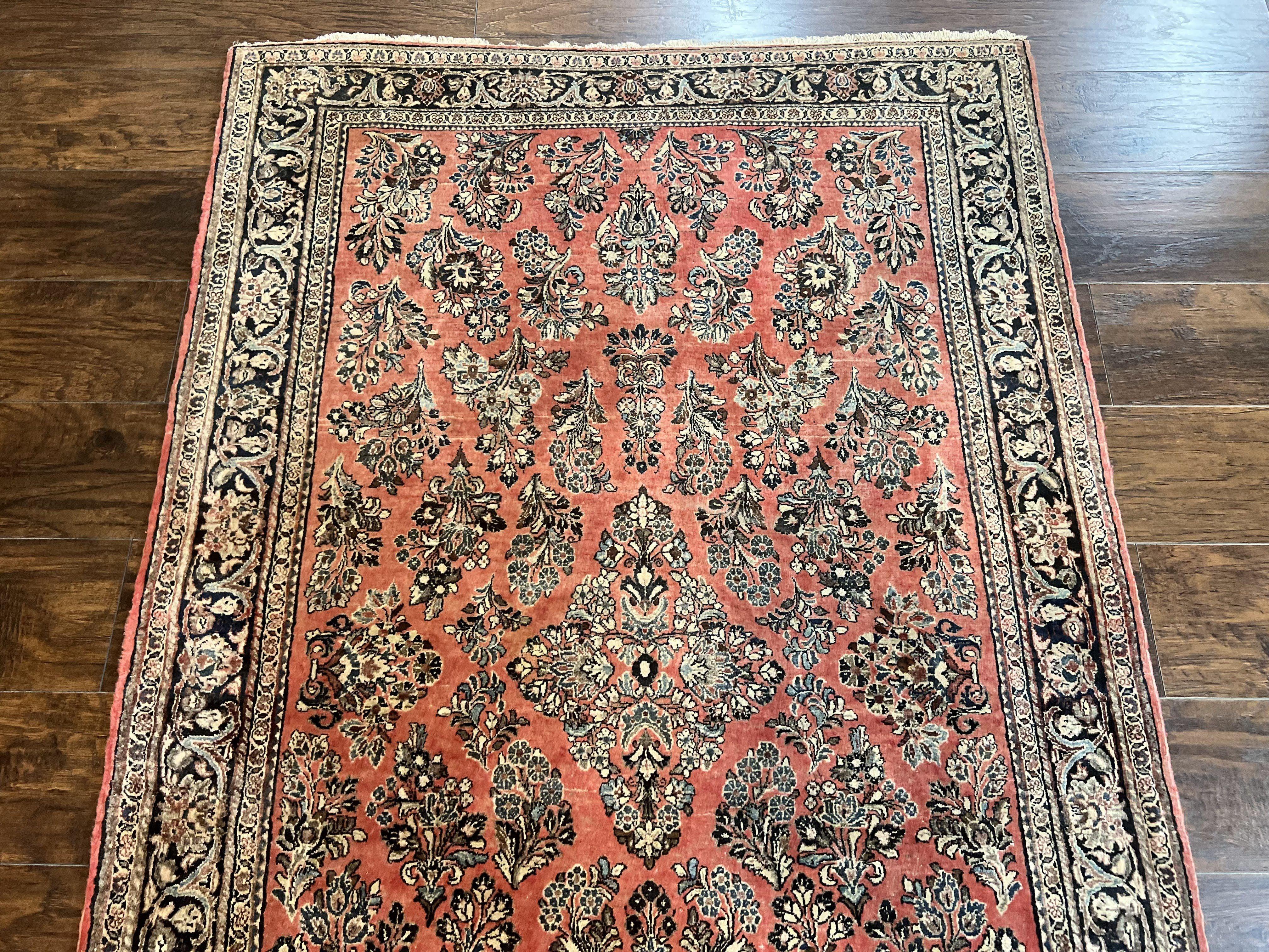 Antique Persian Sarouk Rug 4x7, Hand Knotted Wool Red Persian Carpet, Floral, Fine 300 KPSI - Jewel Rugs