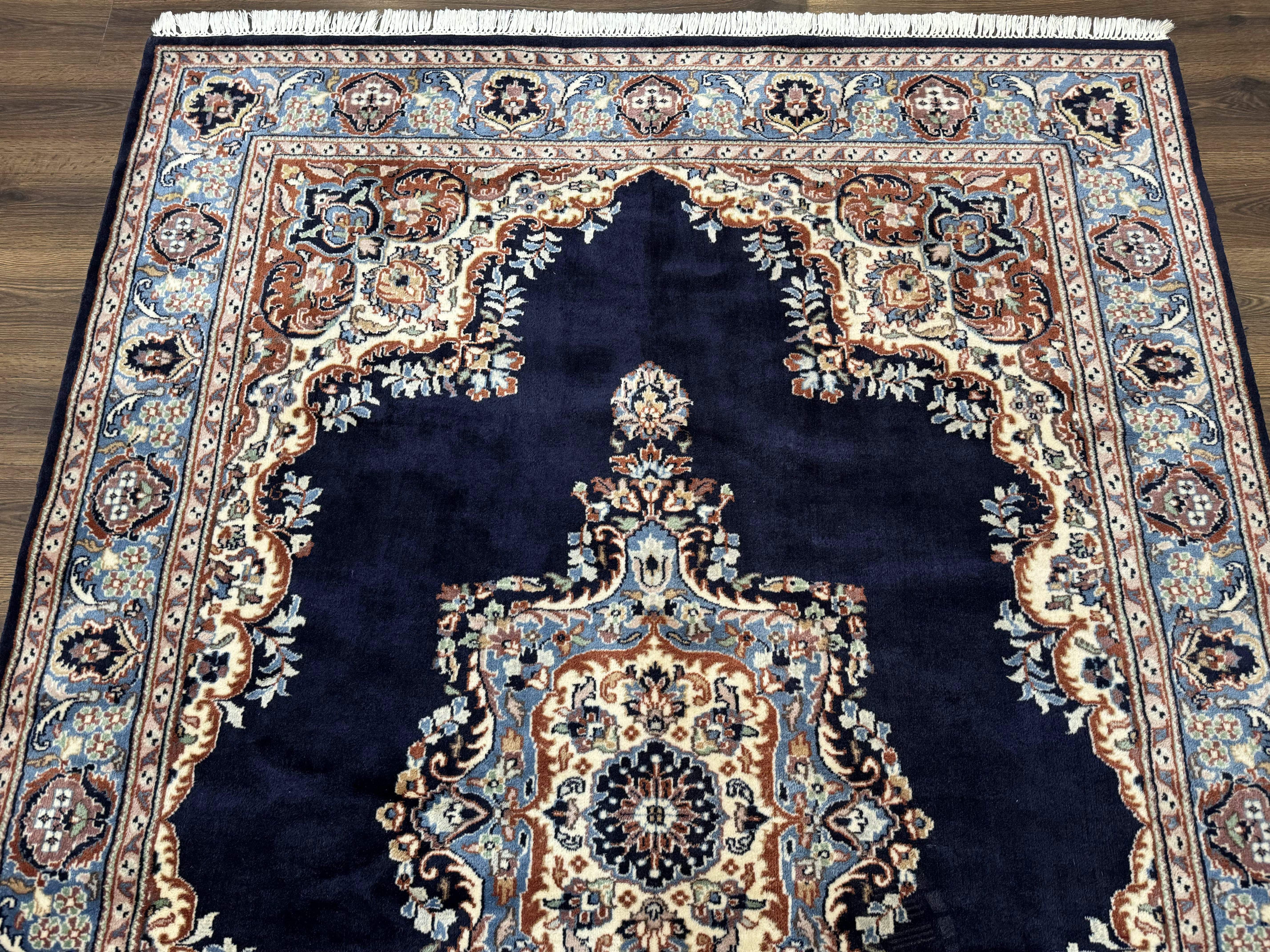 Indo Persian Kerman Rug 6x9 – Navy and Light Blue Hand-Knotted Wool Vintage Carpet - Jewel Rugs
