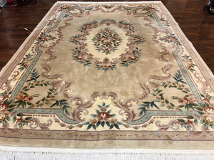 Chinese Wool Rug 8x12, Beige and Cream, Floral Aubusson Rug, Soft Plush Pile, Room Sized Vintage Carpet