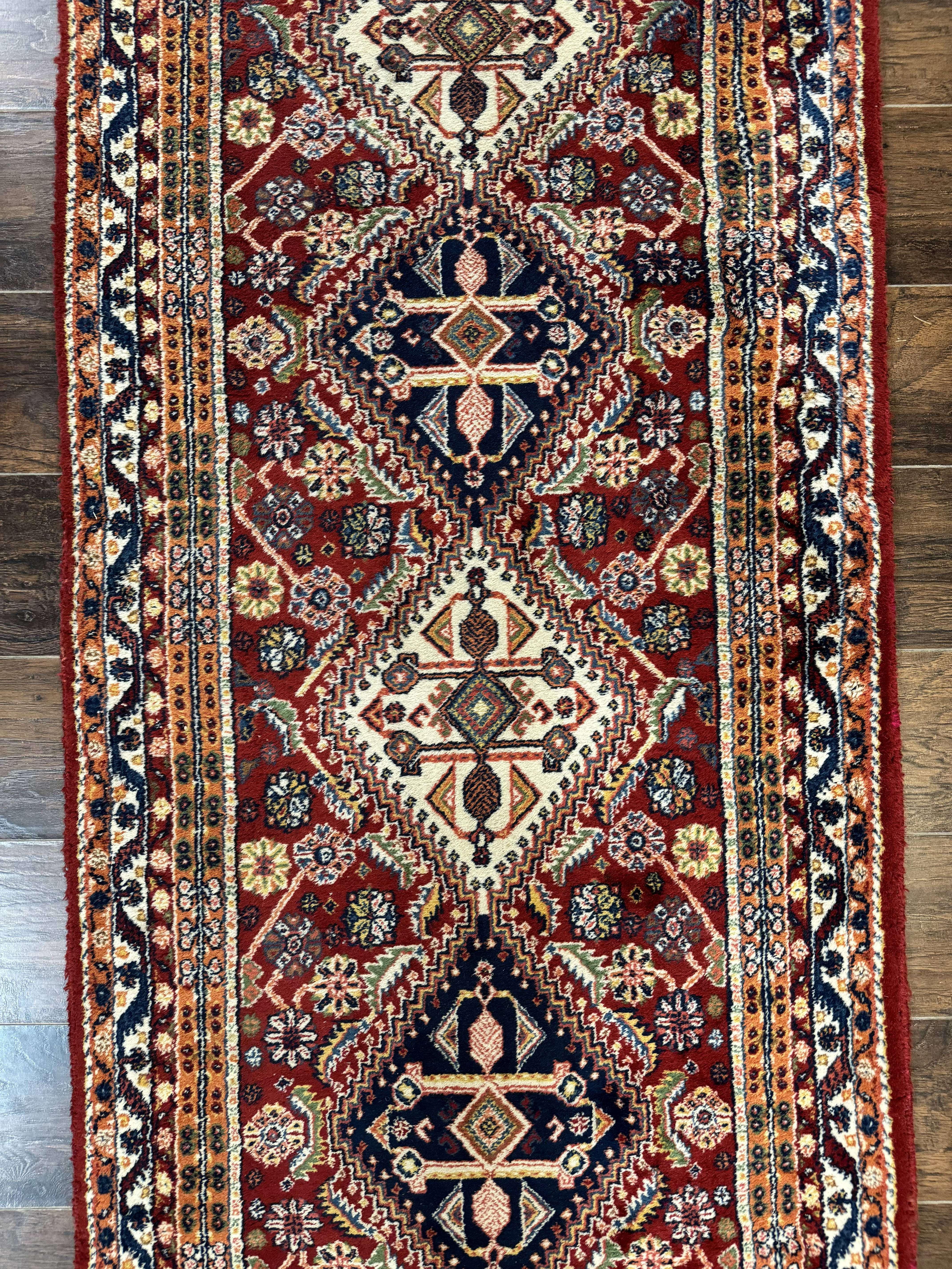 Antique Persian Qashqai Runner Rug 3 x 13 ft, Tribal Runner, Geometric Medallions, Red Ivory Blue, Wool - Jewel Rugs