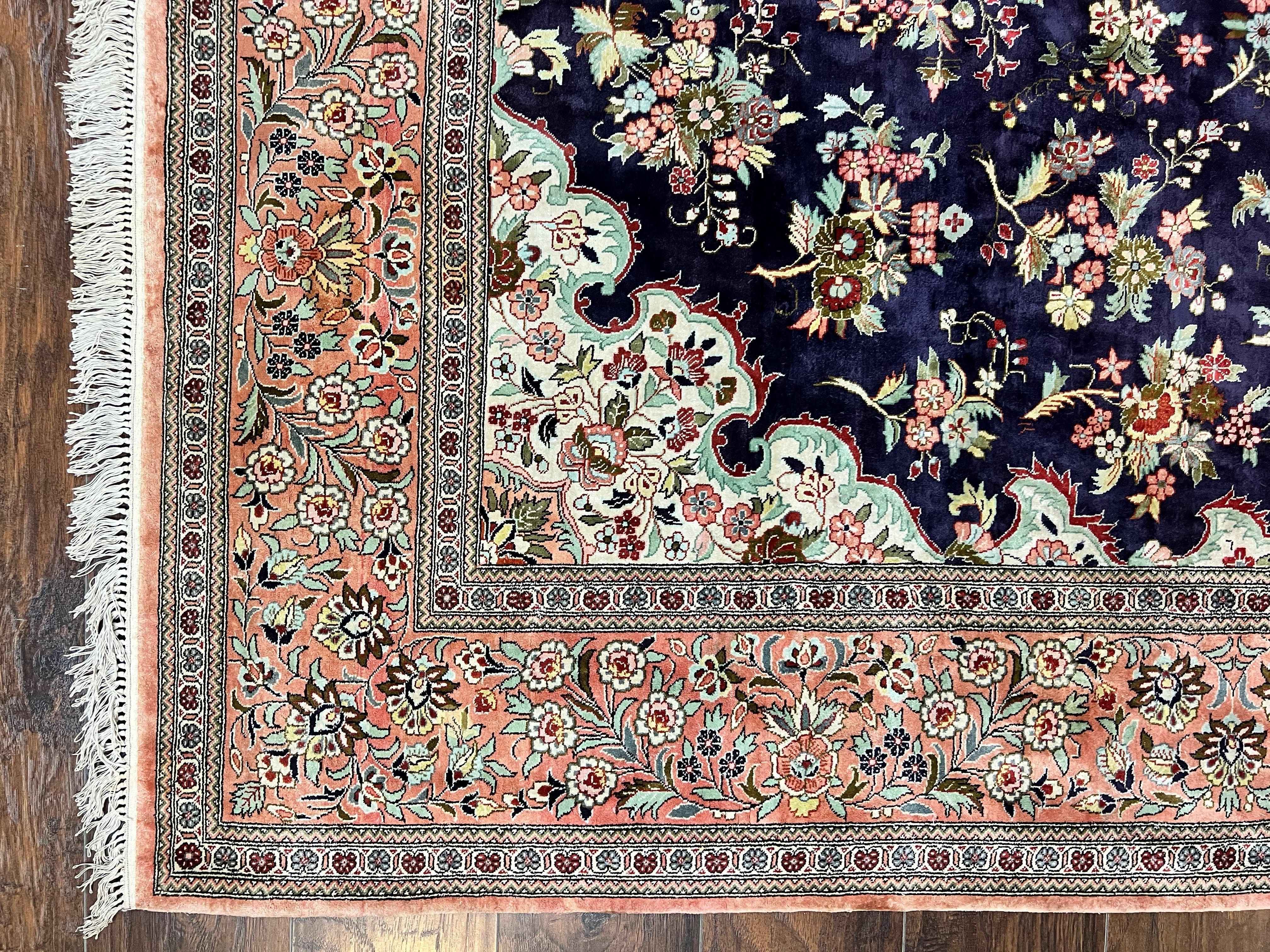 Stunning Silk Persian Qum Rug 7x9, Finely Hand Knotted Navy Blue & Salmon Floral Medallion Authentic Oriental Carpet, Vintage Handmade Silk Ghom Rug, Silk on Silk - Jewel Rugs