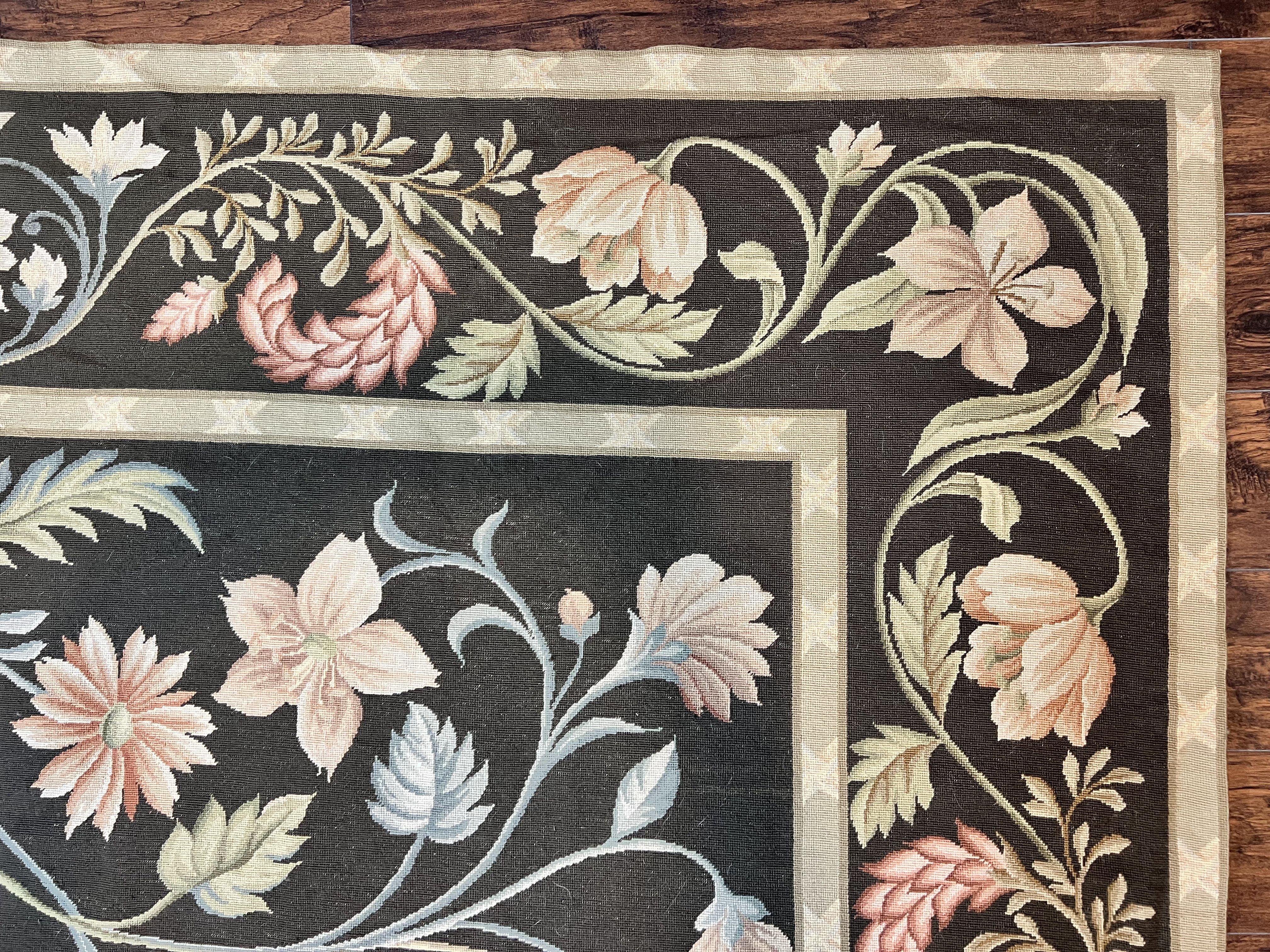 Large Needlepoint Rug 11x16, Dark Green Floral Elegant European Design Vintage Wool Handmade Carpet, Palace Size Rug - Jewel Rugs