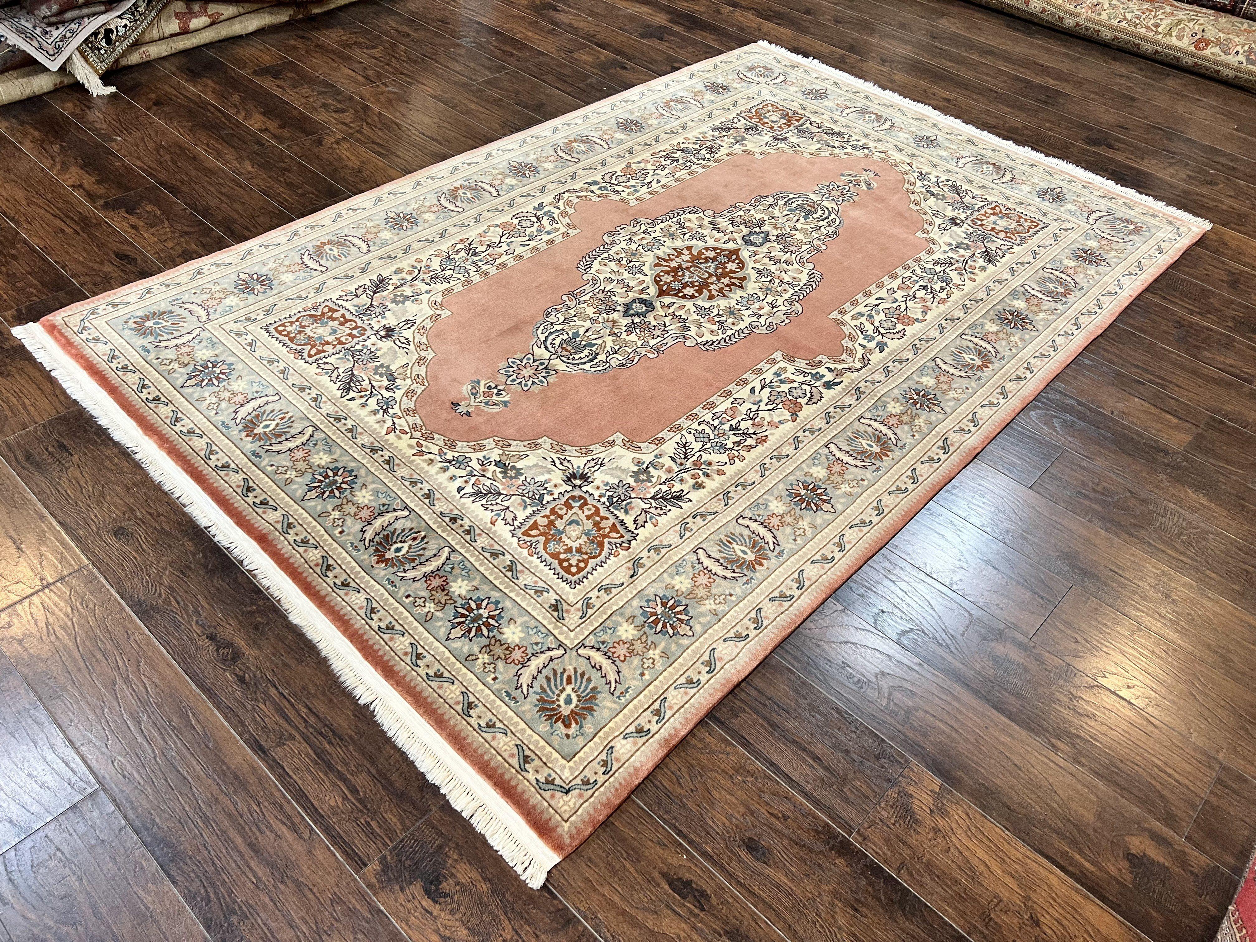 Indo Persian Rug 6x9, Semi Open Field Medallion Rug, Vintage Hand Knotted Wool Oriental Carpet, Traditional Rug, Light Pink, Medium Size - Jewel Rugs