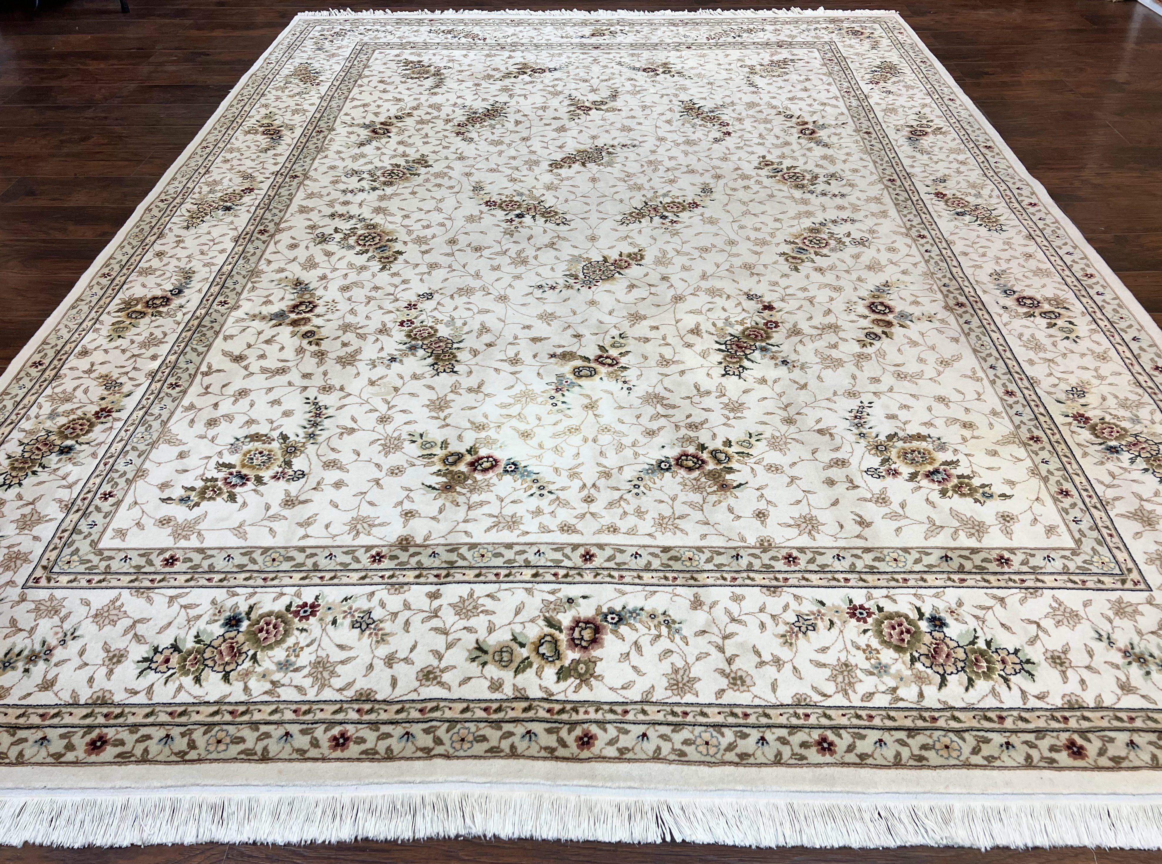 Sino Persian Rug 9x12, Soft Wool & Silk Highlights Hand Knotted Vintage Carpet, Ivory, Floral Allover, Traditional Oriental Rug 9 x 12 - Jewel Rugs