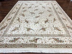 Sino Persian Rug 9x12, Soft Wool & Silk Highlights Hand Knotted Vintage Carpet, Ivory, Floral Allover, Traditional Oriental Rug 9 x 12