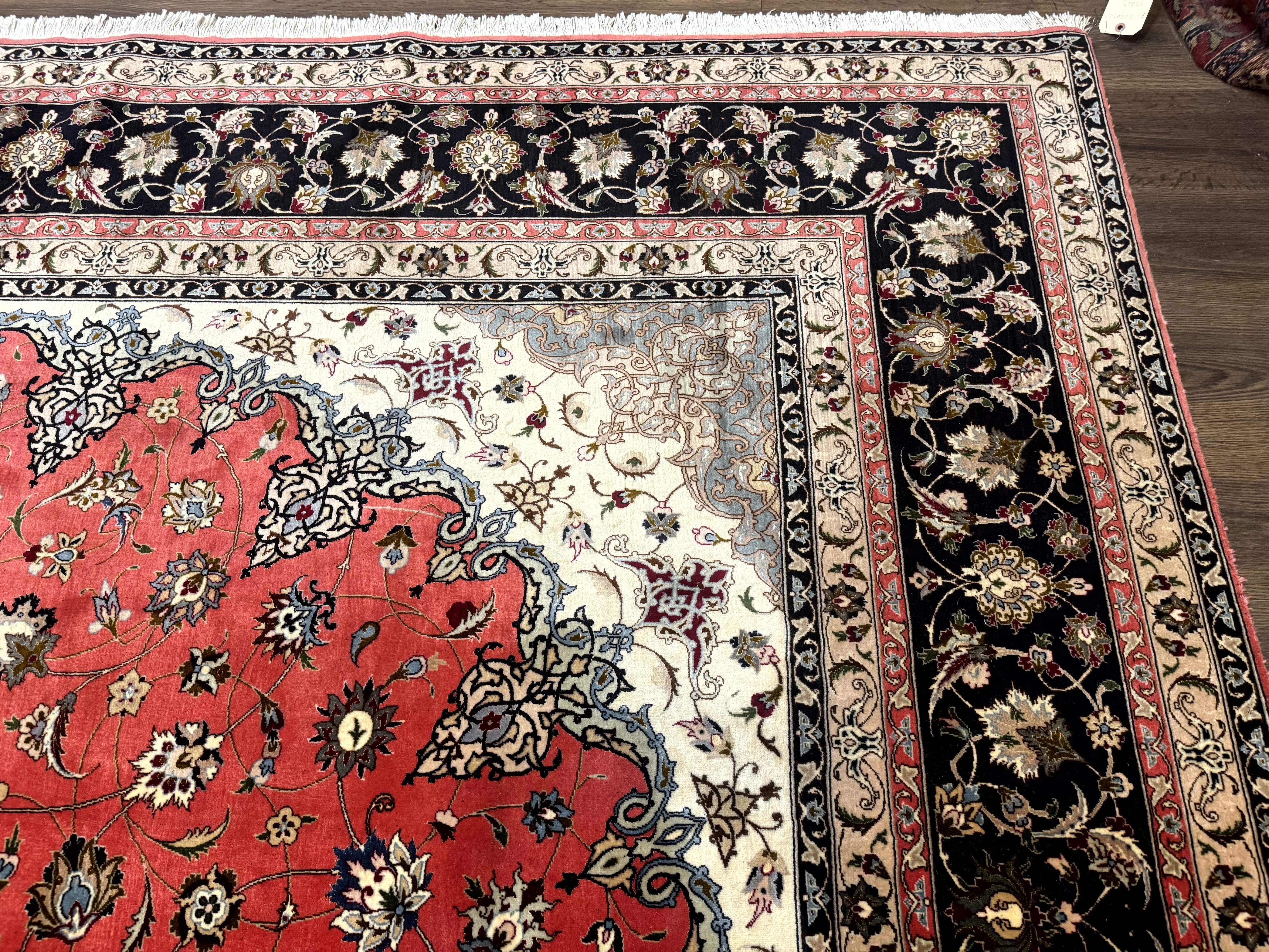 Persian Tabriz Rug 10x13, Floral Medallion, Salmon and Ivory, Hand-Knotted, 330 KPSI - Jewel Rugs