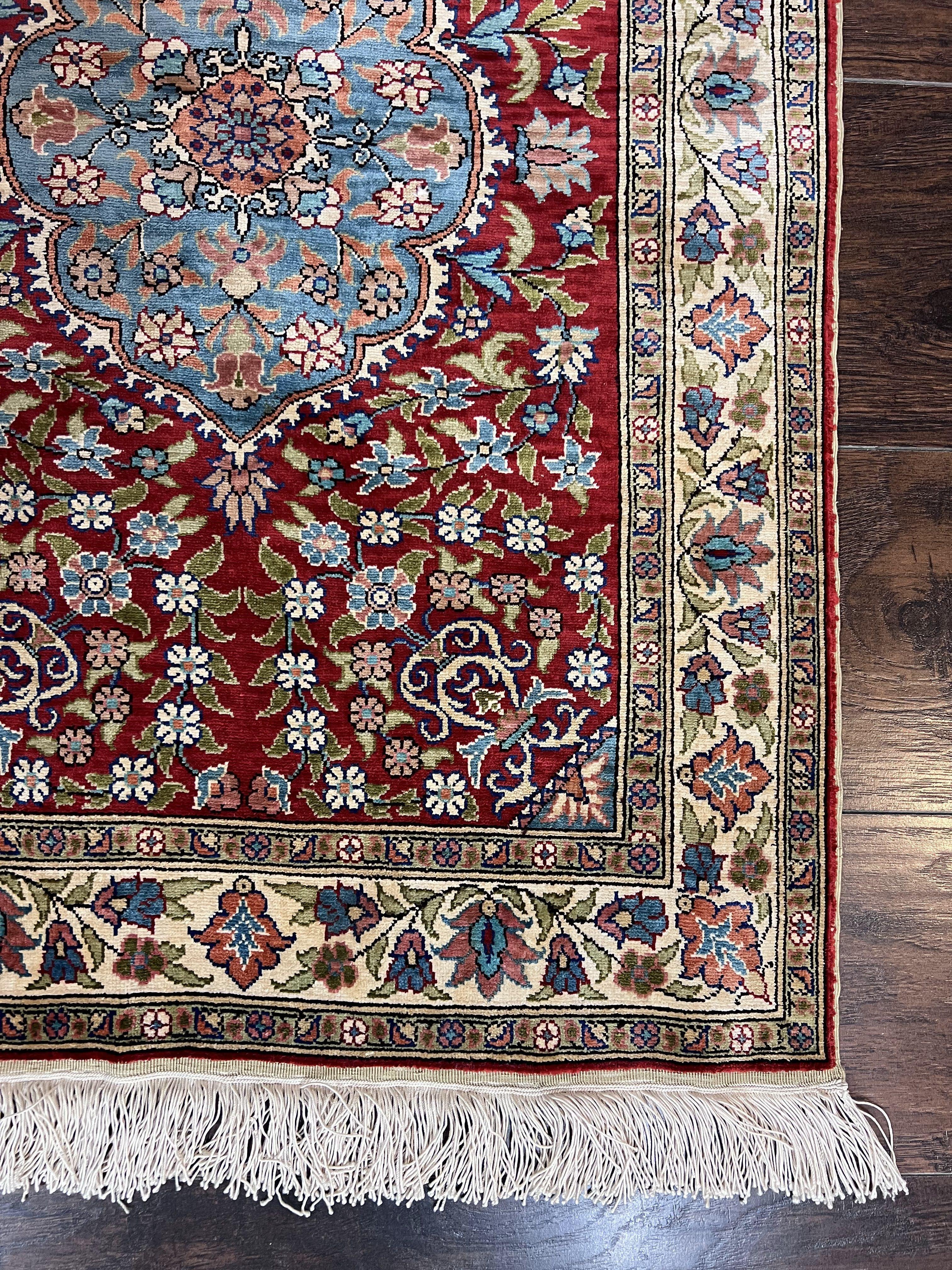 Silk Turkish Kayseri Rug 2x3, Small All Silk Turkish Carpet, Red and Light Blue, Very Fine Hand Knotted Semi Antique Vintage Handmade Rug - Jewel Rugs