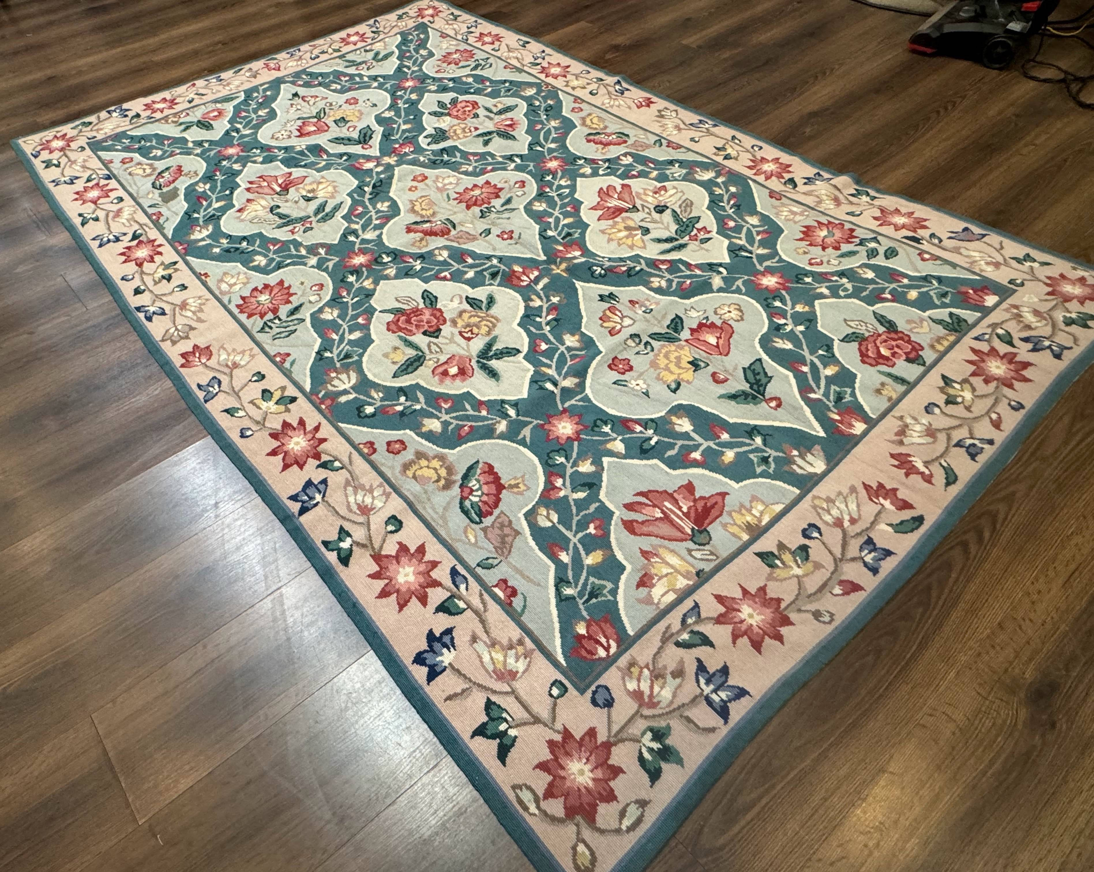 Teal Needlepoint Rug 6x9, Panel Design, Floral Bouquets, Handmade - Jewel Rugs