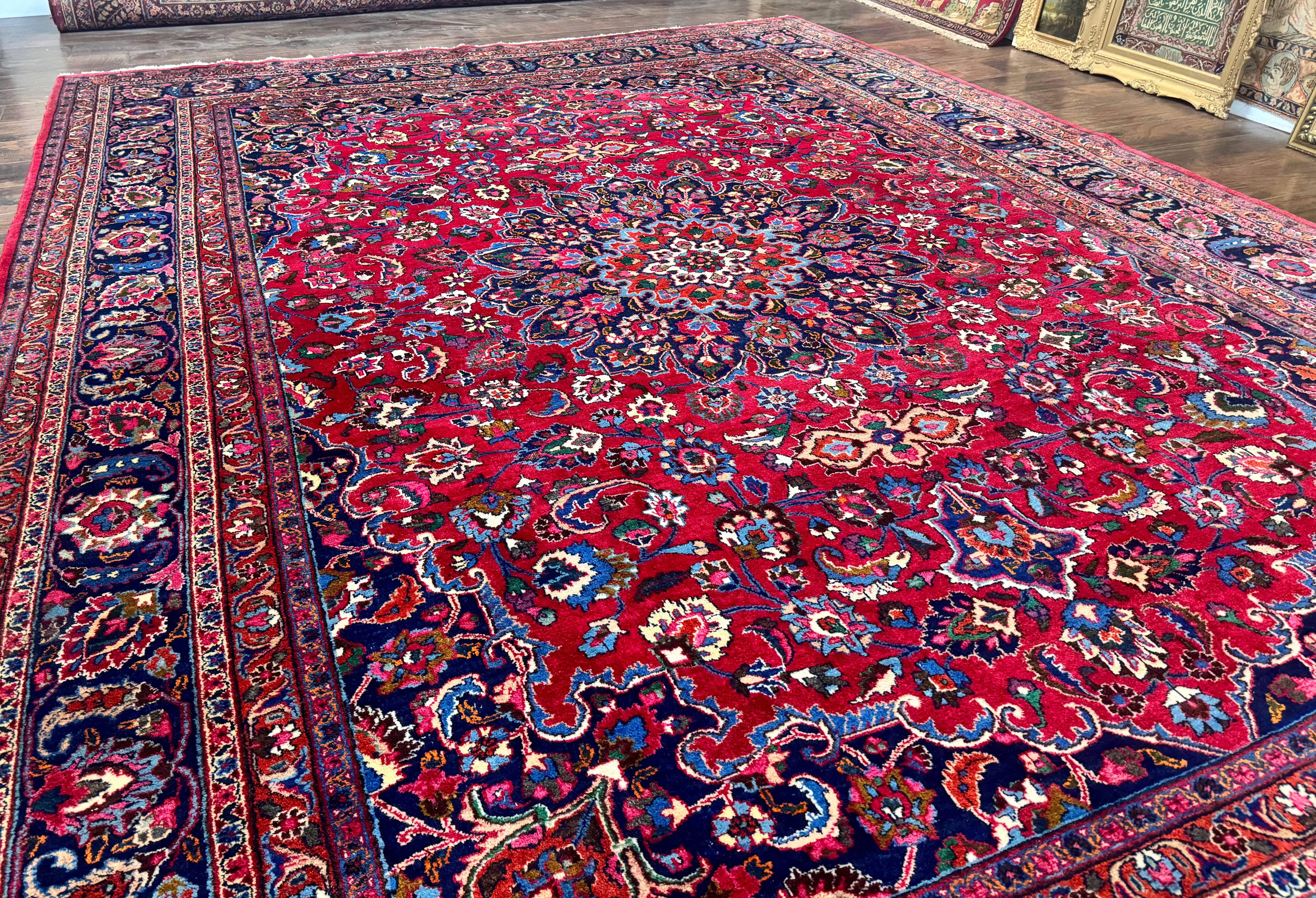 Antique Persian Mashad Rug 10x13, Red and Navy Blue, Great Colors, Signed By Masterweaver, Floral Medallion, Handmade Wool Persian Carpet - Jewel Rugs