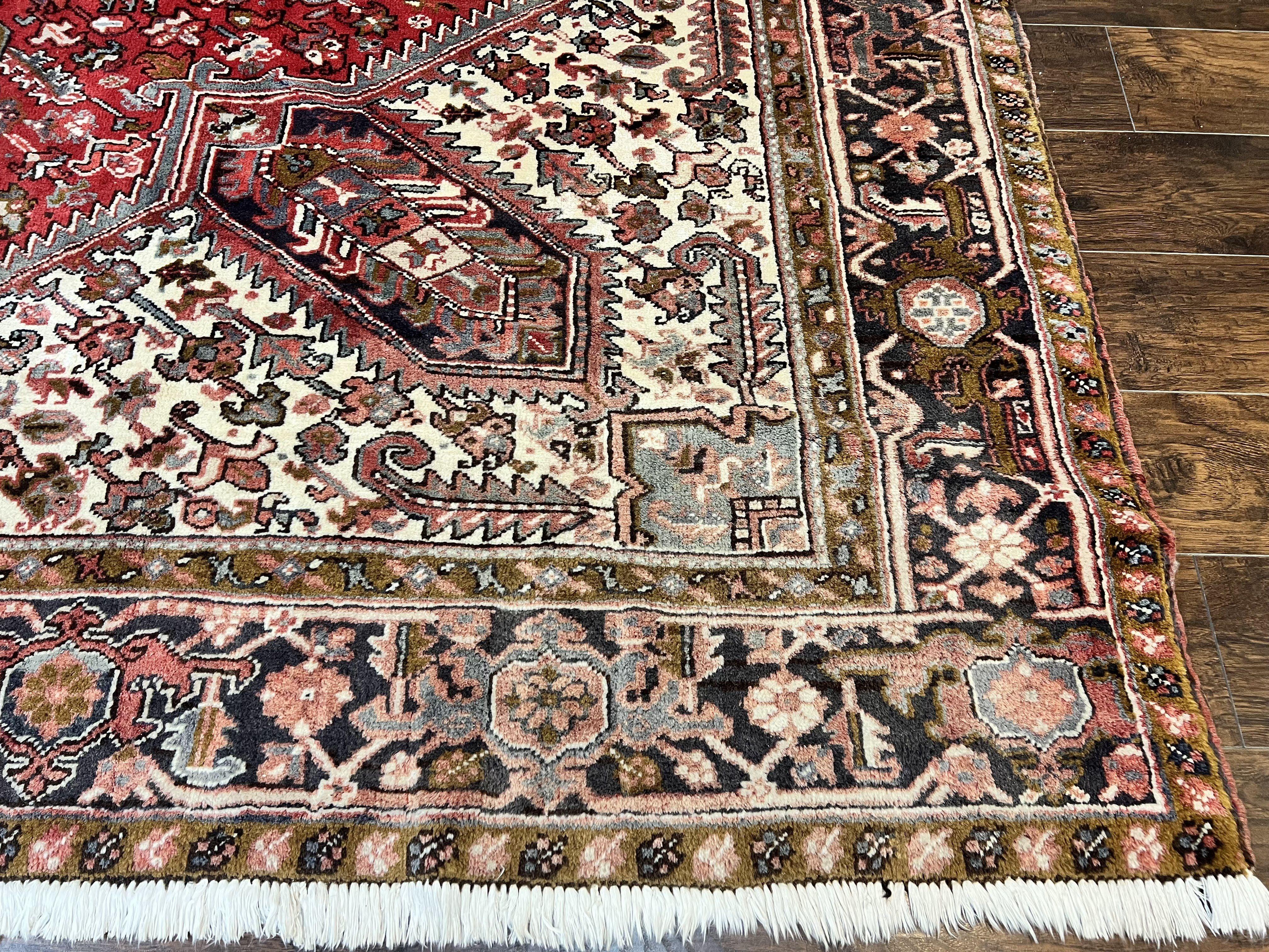 Large Persian Heriz Rug 10x13, Wool Hand Knotted Antique Carpet, Red and Ivory, Geometric Tribal Room Sized Rug, Decorative Oriental Rug - Jewel Rugs
