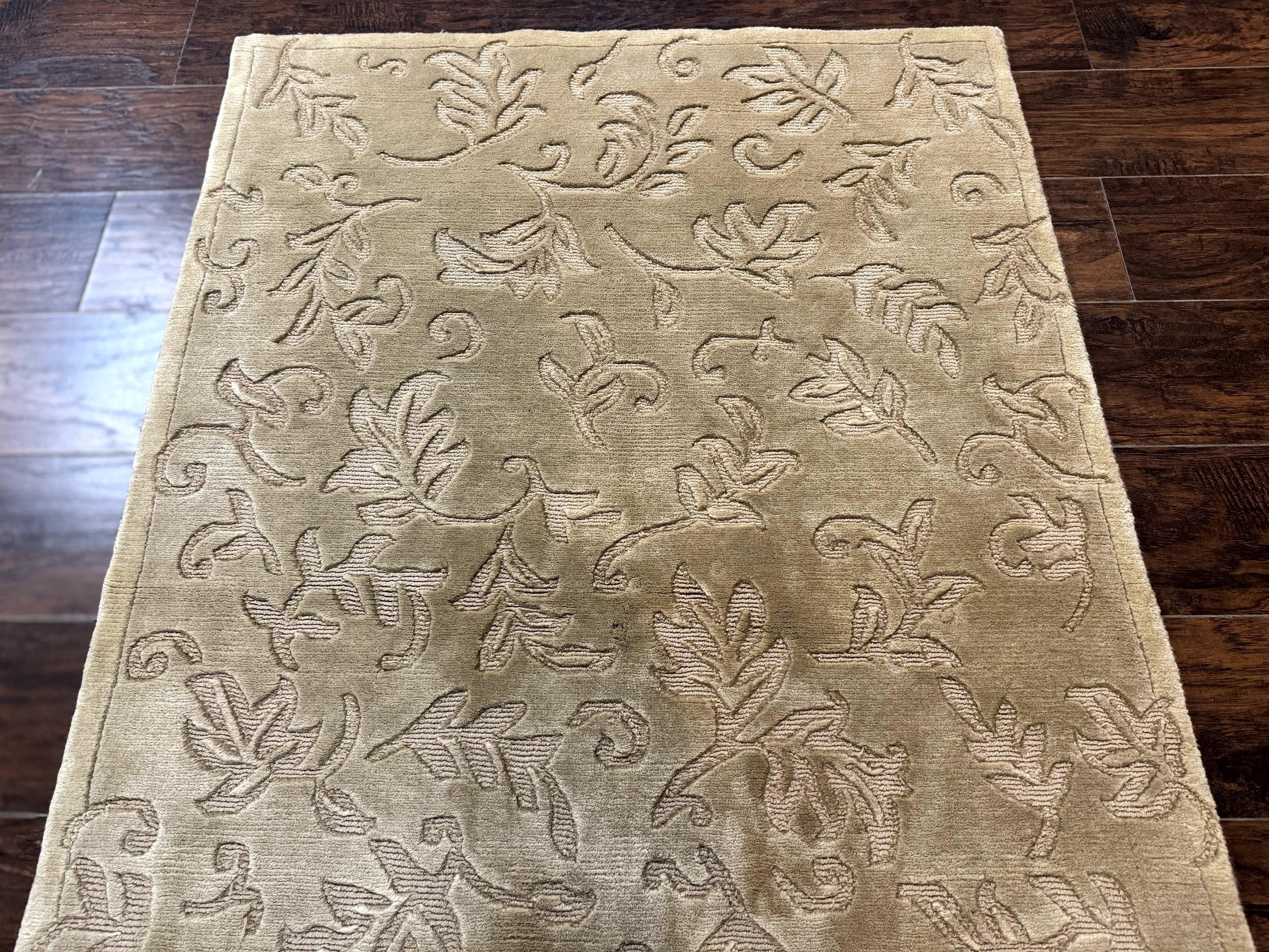 Modern Tibetan Rug 3.7 x 5.5, Carved Floral Design, Wool and Silk Highlights - Jewel Rugs