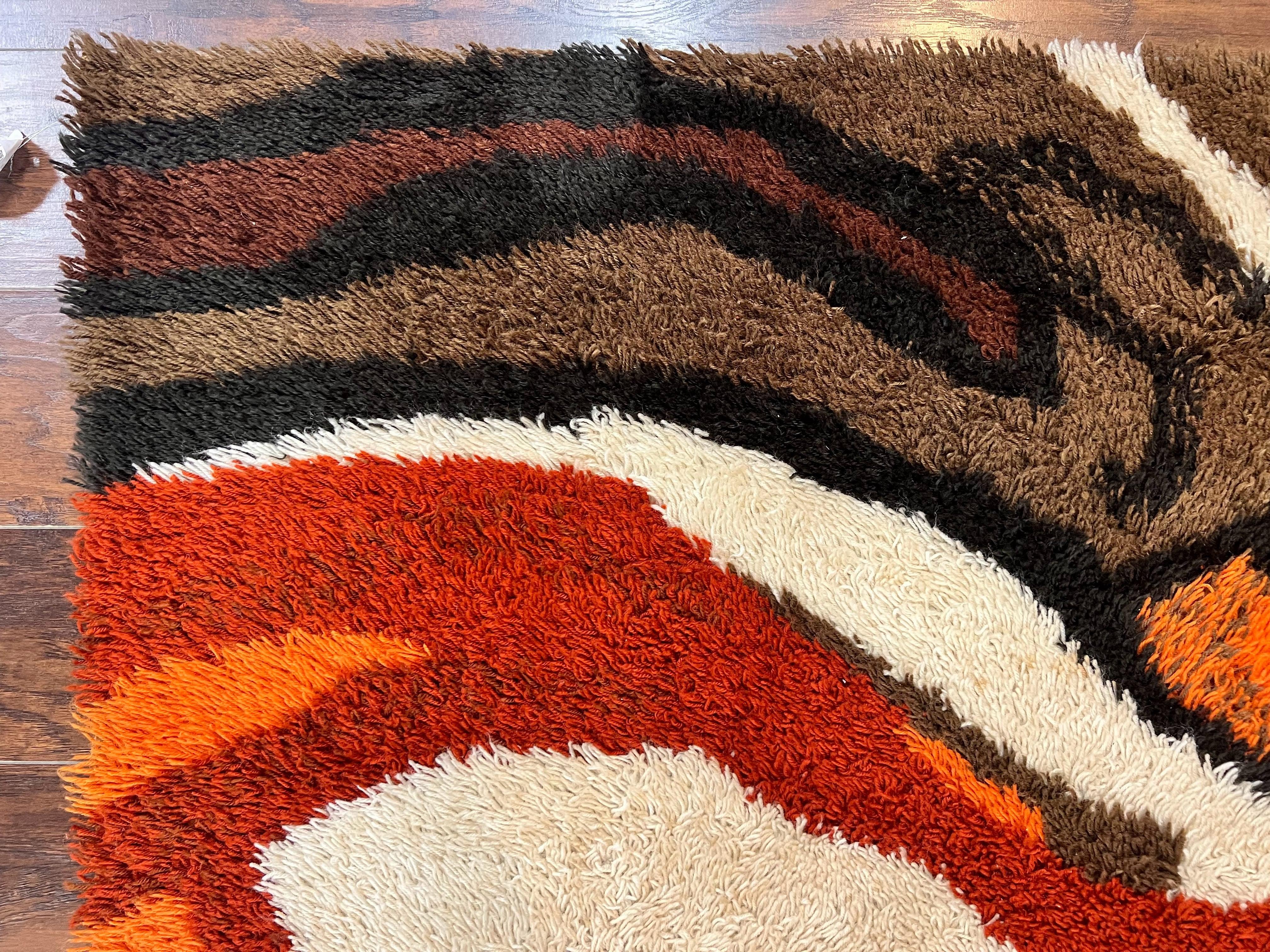 Danish Rya Rug 4x6, Mid Century Modern Abstract EGE Rya Carpet, Vintage Retro Shag Rug, Orange Brown Ivory Black - Jewel Rugs
