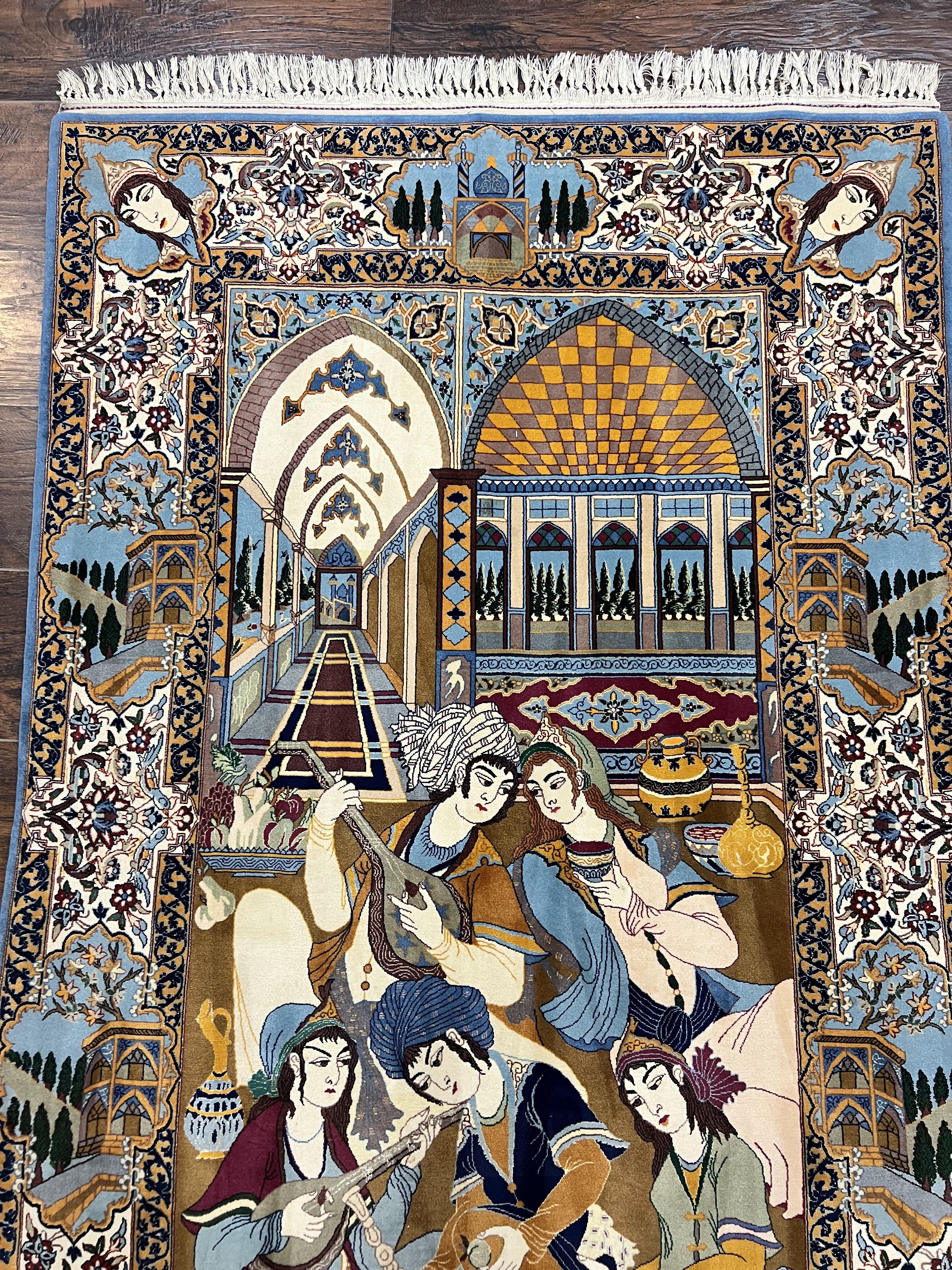 Persian Isfahan Pictoral Rug 3x6, Kork Wool on Silk Foundation, Handmade Vintage Carpet, 550 KPSI Super Fine, Lovers Palace Instruments - Jewel Rugs