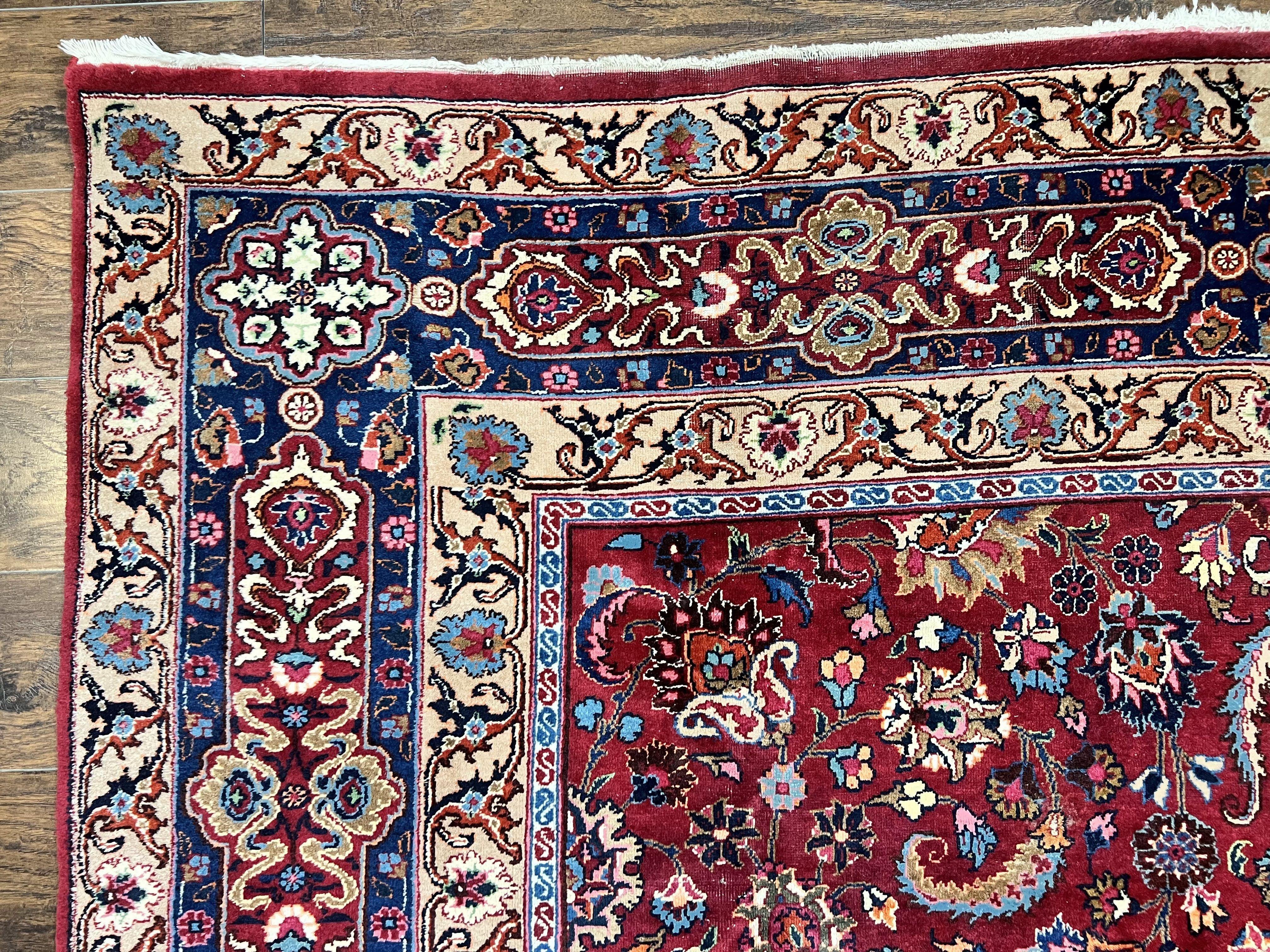 Signed Persian Mashad Rug 8x10, Wool Oriental Carpet, Semi Antique Rug, Hand Knotted, Traditional, Red, Floral Allover, - Jewel Rugs