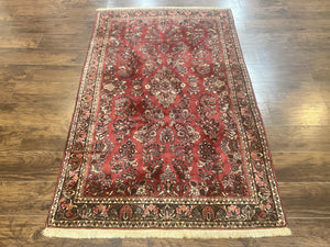 Antique Persian Sarouk Rug 4x7, Hand Knotted Wool Red Persian Carpet, Floral