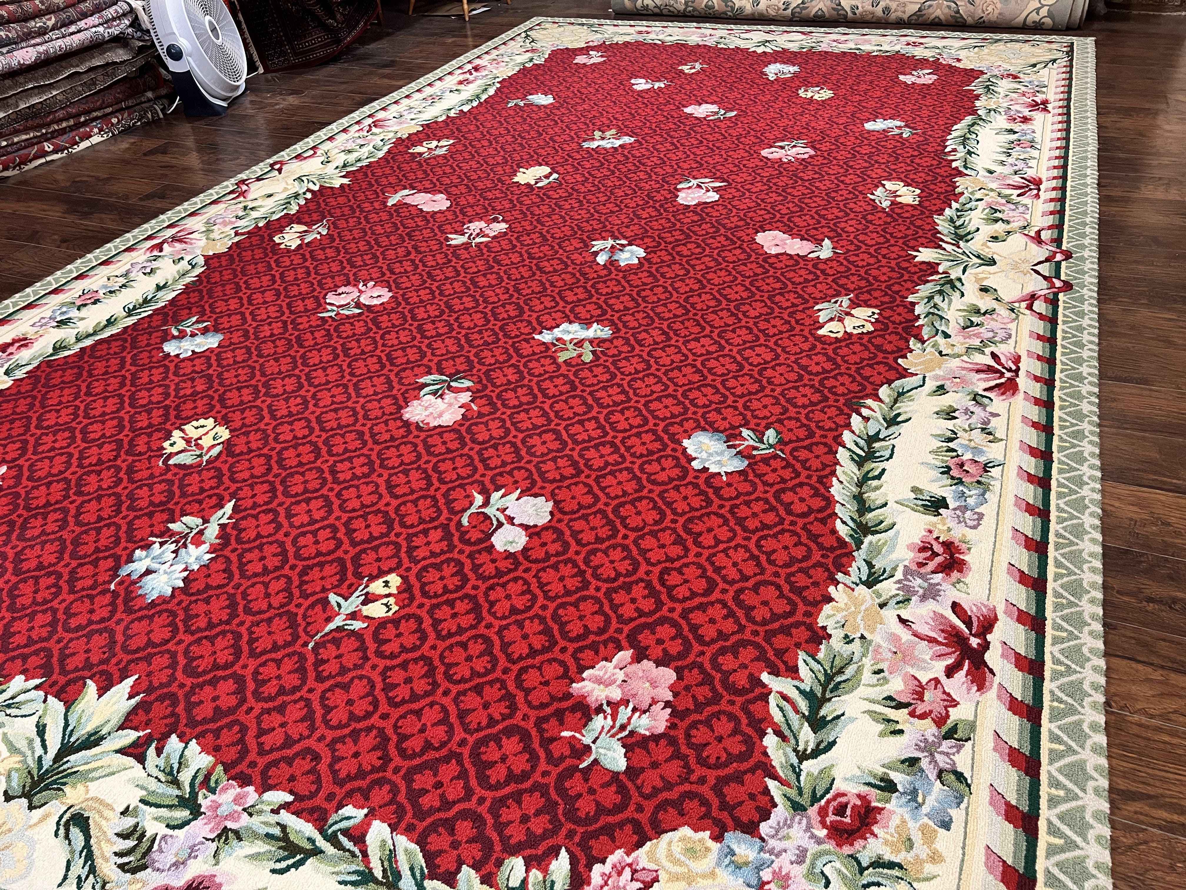 Vintage Stark Rug 10x17, Stark Carpet 10 x 17, Hooked Rug, Aubusson French European Design, Red, Elegant, Wool Palace Sized Rug - Jewel Rugs