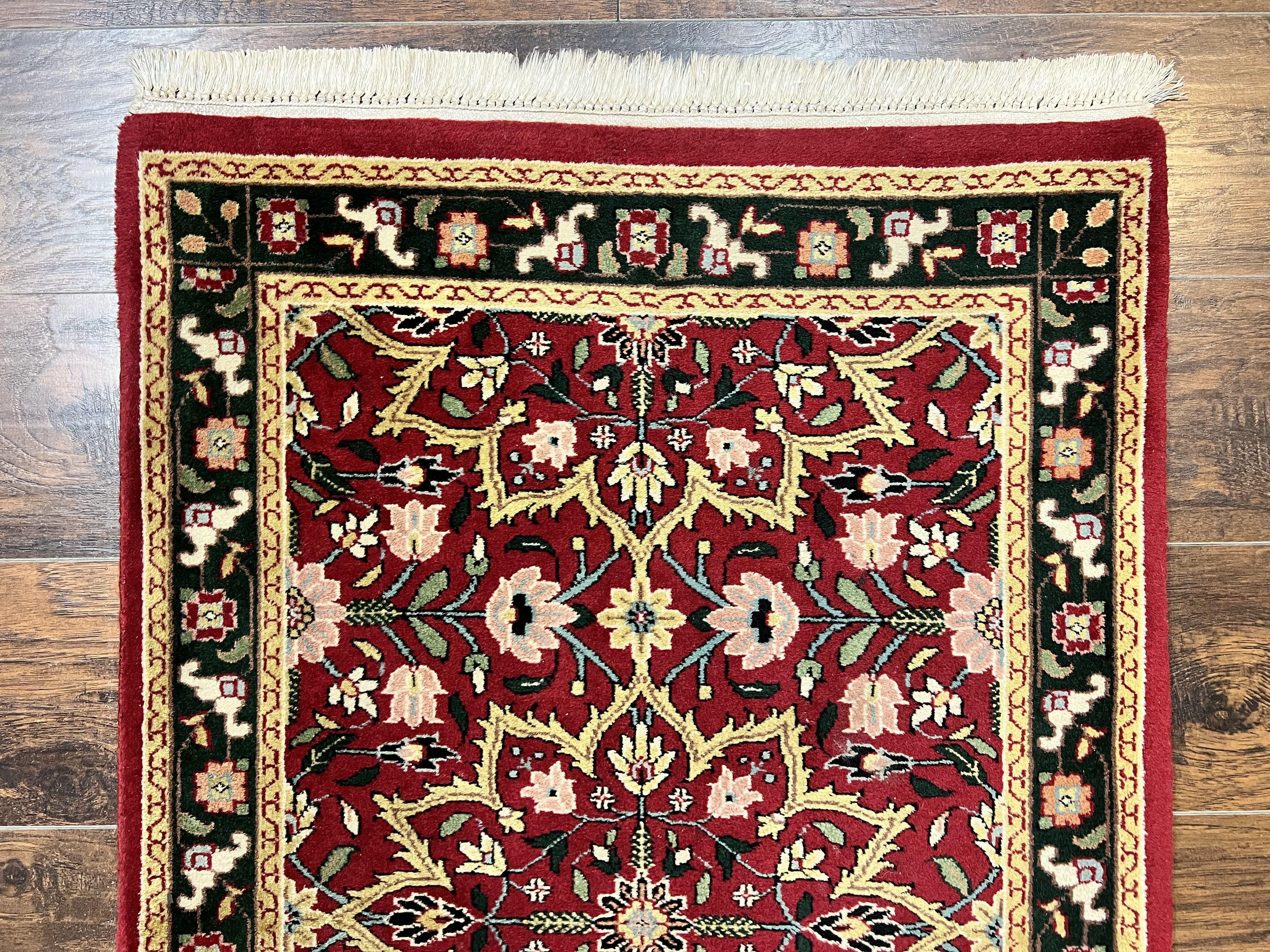 Indo Sarouk Runner Rug 2.6 x 10 ft, Floral Hand Knotted Wool Handmade Vintage Indian Hallway Rug, Red Tan Black, 10ft Persian Runner - Jewel Rugs