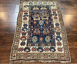 Antique Caucasian Kazak Rug 2.5 x 4, Navy Blue and Ivory, Hand Knotted Handmade Wool Rug