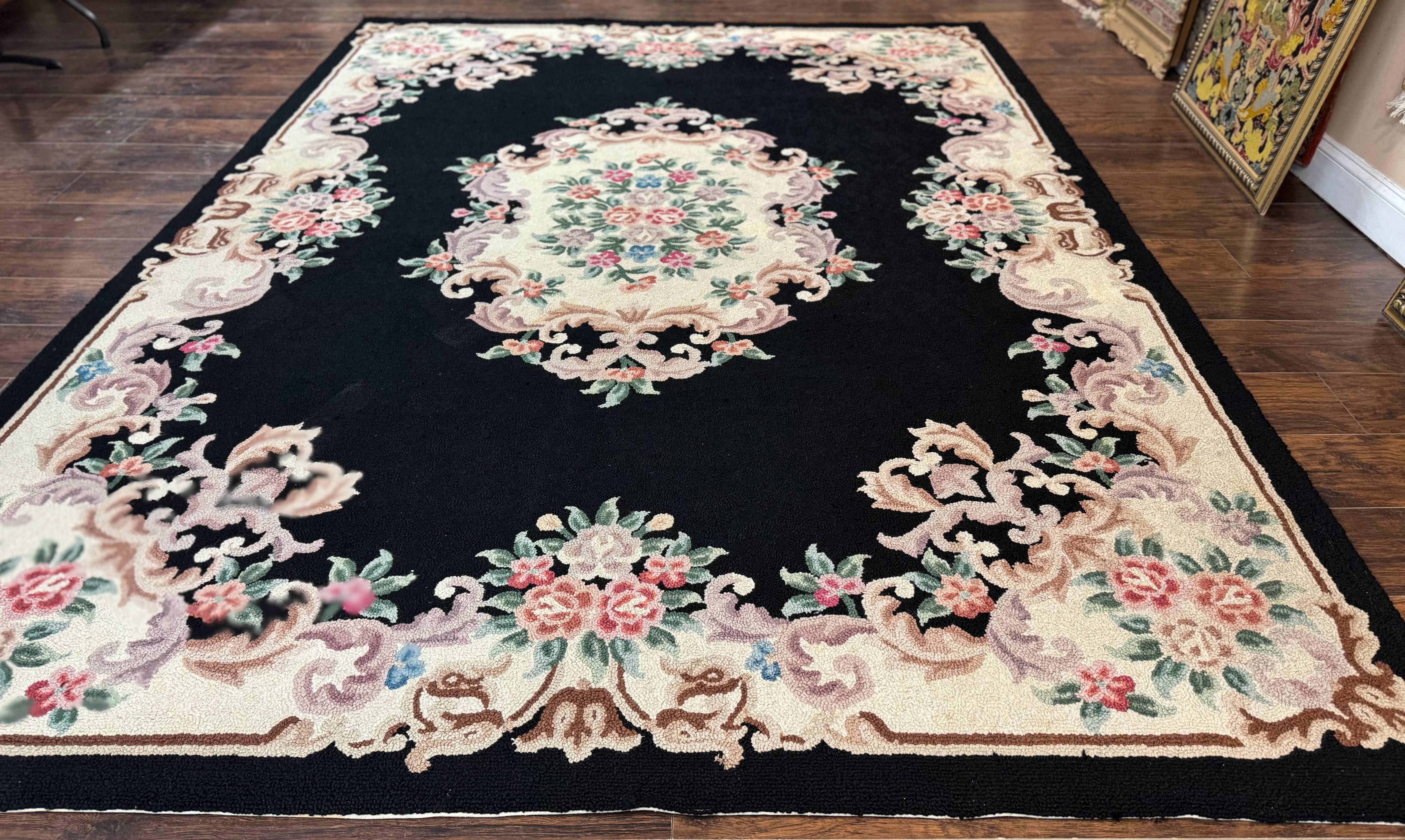 Aubusson Rug 8x11, Black and Ivory, Hooked Rug, Vintage, Wool - Jewel Rugs