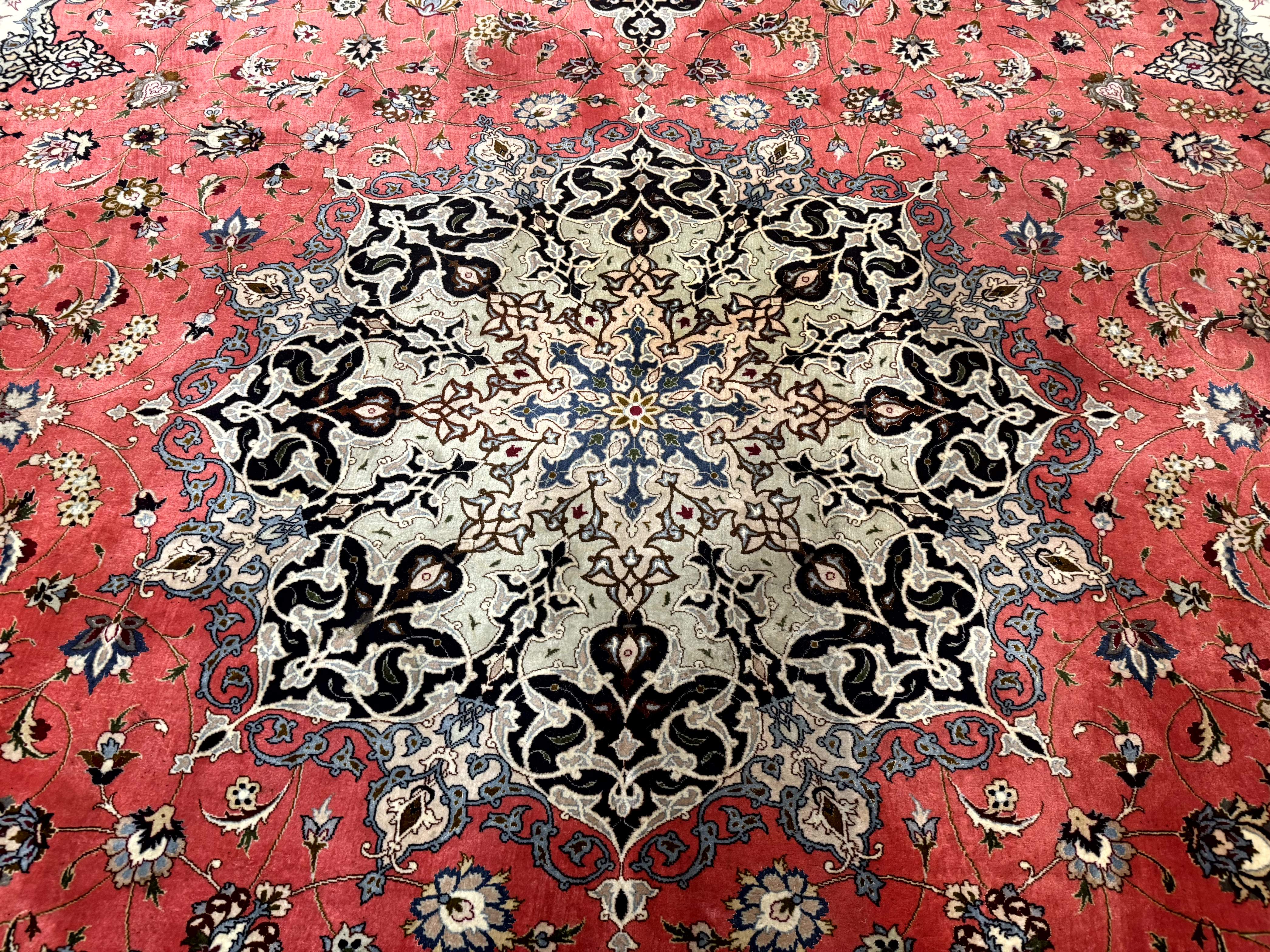 Persian Tabriz Rug 10x13, Floral Medallion, Salmon and Ivory, Hand-Knotted, 330 KPSI - Jewel Rugs