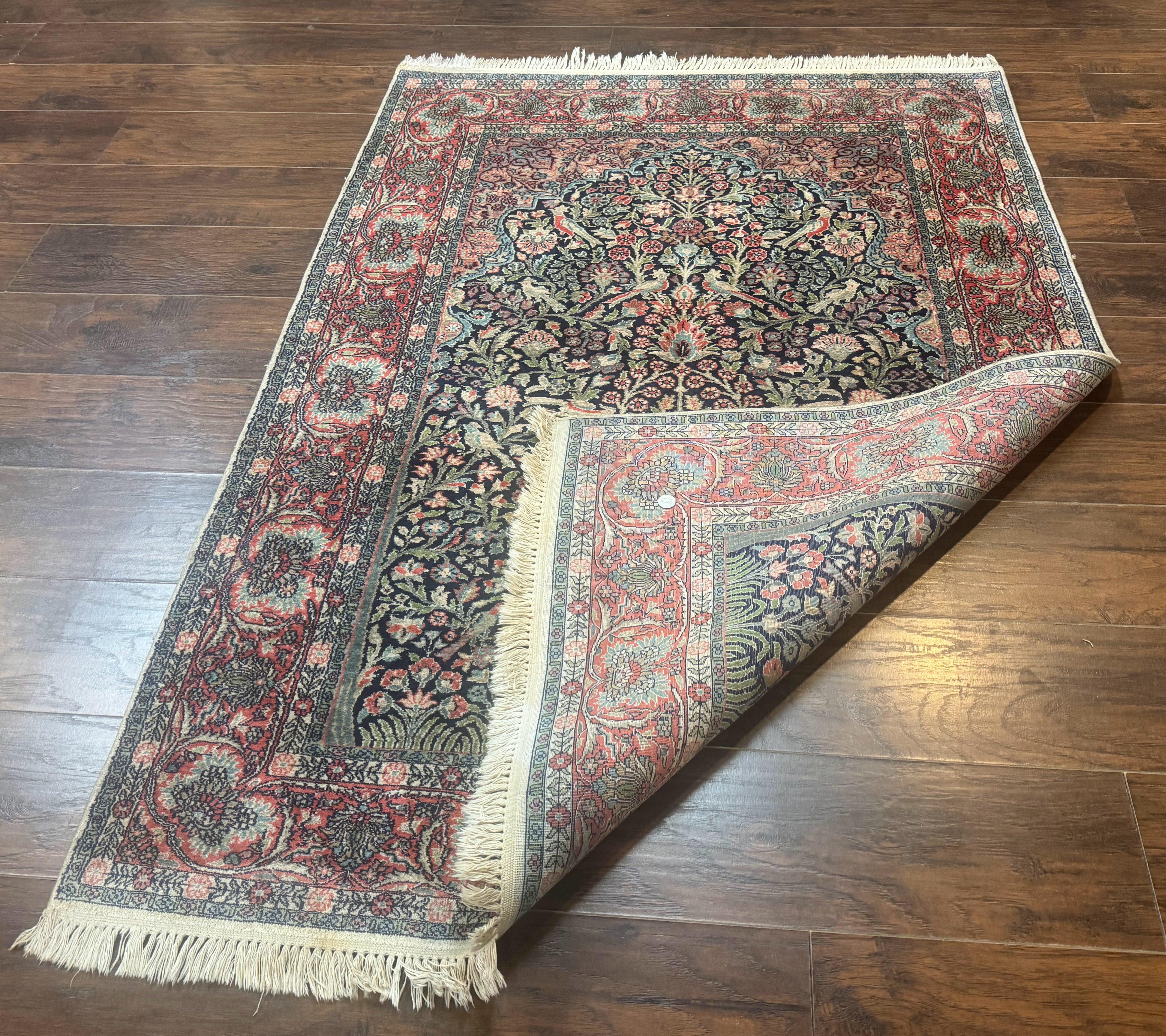 Silk Indian Kashmiri Rug 4x6, Tree of Life Pattern, Birds, Fine 290 KPSI, Navy Blue and Red, Handmade Oriental Carpet - Jewel Rugs