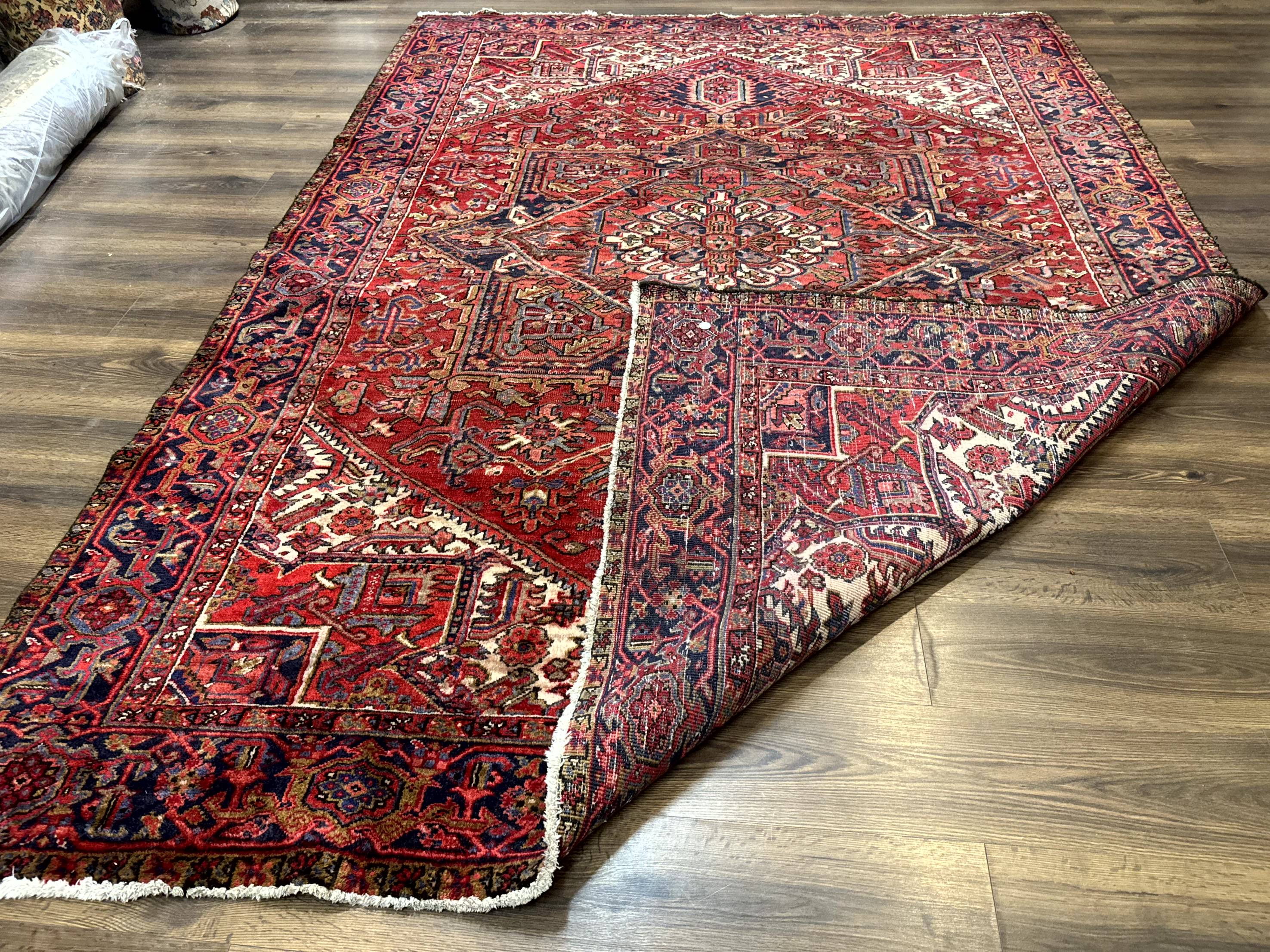 Persian Heriz Rug 7x10, Geometric Pattern, Red Ivory Navy Blue - Jewel Rugs