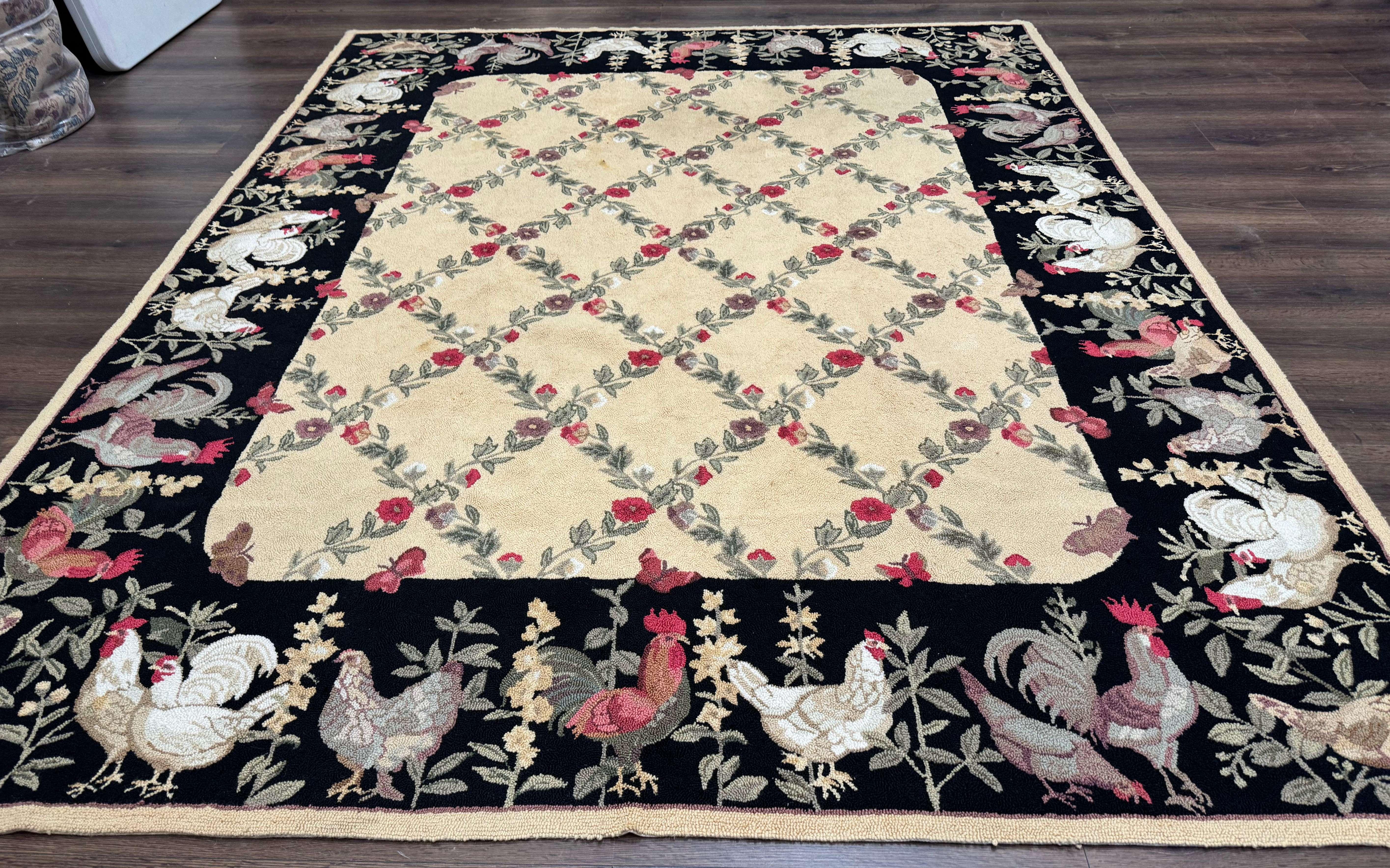 Vintage Hooked Rug 7x9, Rosters in Border, Roses and Butterflies - Jewel Rugs