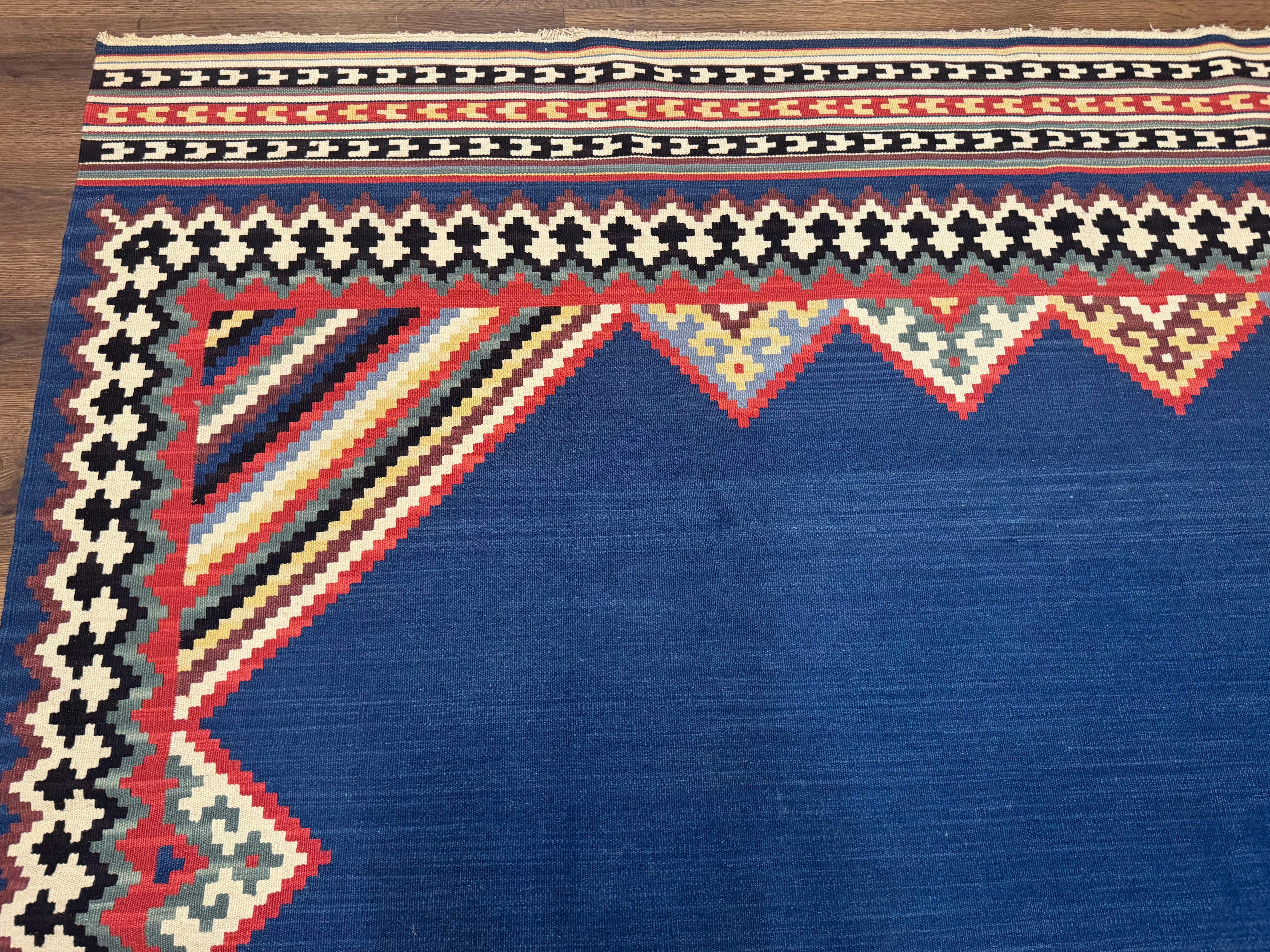 Persian Shiraz Tribal Kilim Rug 8x10, Large Blue Open Field, Bohemian, Colorful - Jewel Rugs