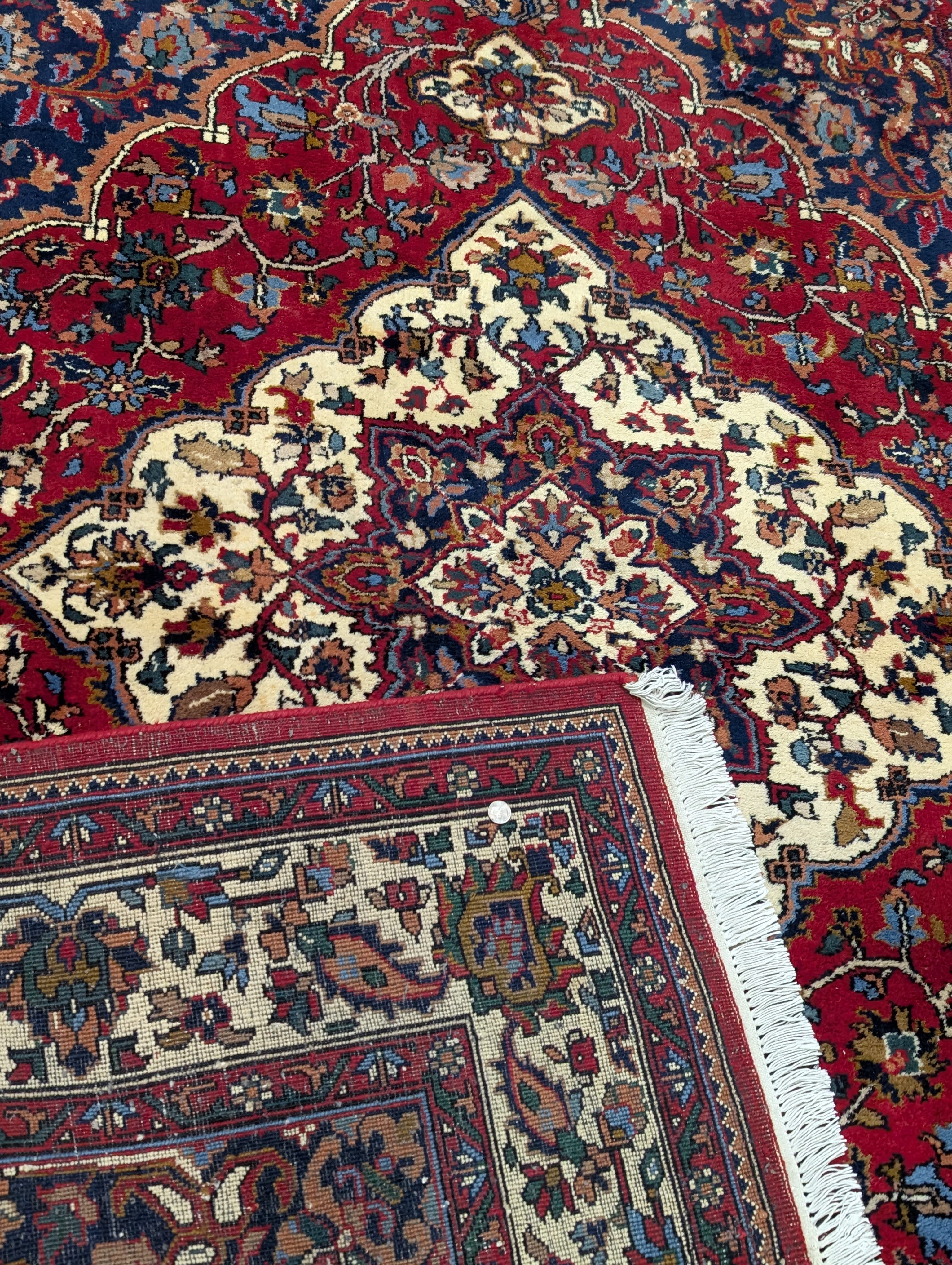 Indo Persian Rug 7x10, Floral Medallion Hand-Knotted Wool Carpet, Red Ivory Navy - Jewel Rugs