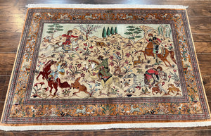 Silk Persian Qum Rug 3x5, Hunting Pattern, Handmade Vintage Carpet, Signed by Master Weaver, Horsemen Pictorials, Super Fine 650 KPSI