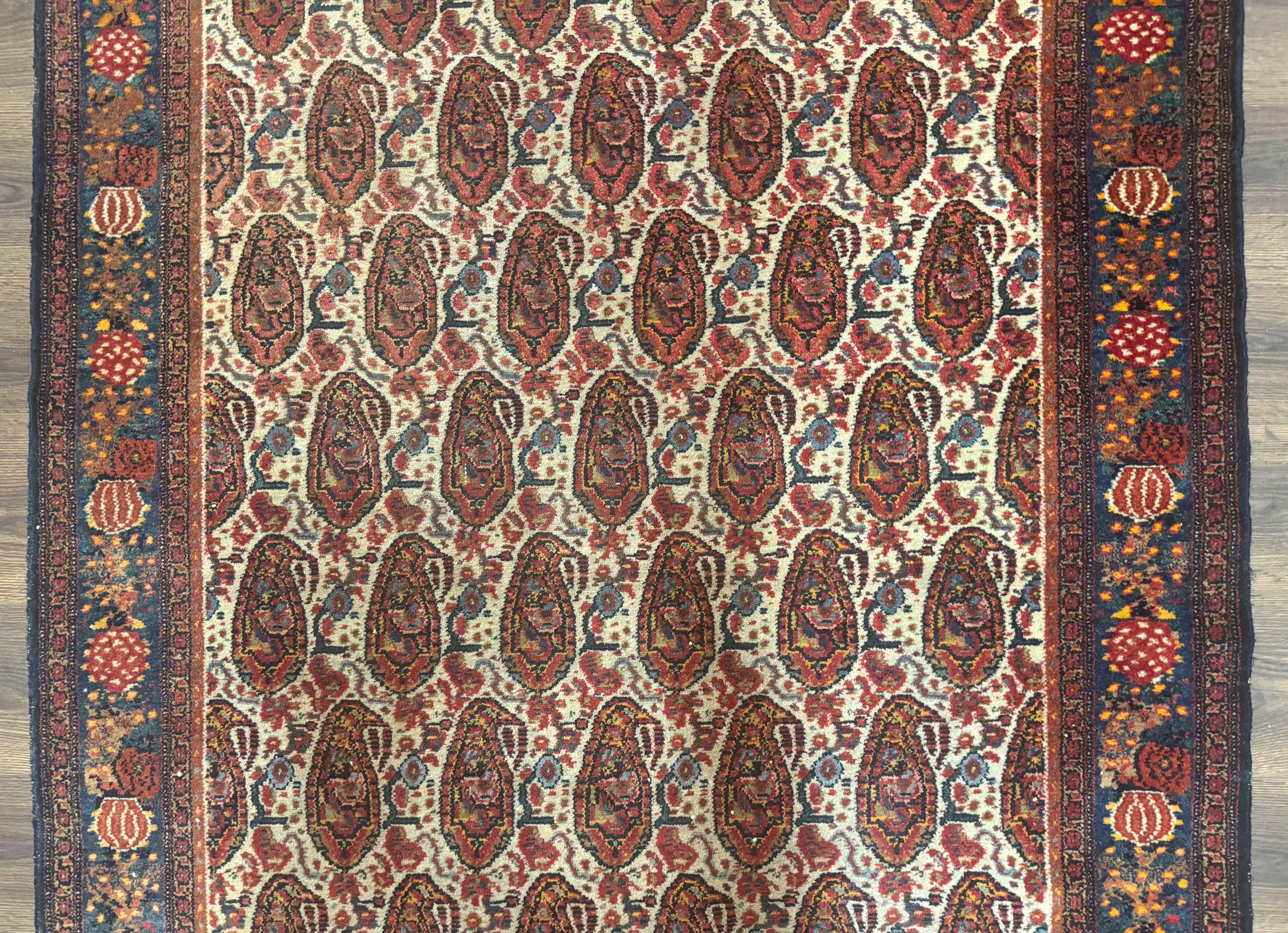 Antique Persian Kurdish Senneh Rug 4.6 x 6.5, Repeated Paisely Boteh Design, Handmade - Jewel Rugs