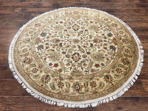 6x6 Round Rug, Indo Persian Round Oriental Carpet, 6ft Round, Beige Rug, Floral Allover, Vintage Hand Knotted Wool Carpet