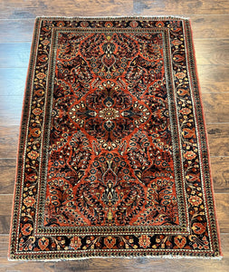 Antique Persian Sarouk Rug 3x5, Red Floral 1920s Handmade Small Wool Carpet