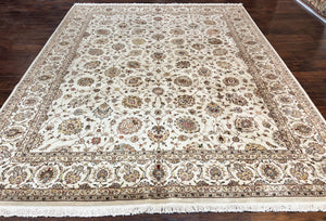 Vintage Sino Persian Rug 8x10, Wool & Silk Hand Knotted Carpet, Floral Allover Ivory Beige, Traditional Oriental Rug 8 x 10