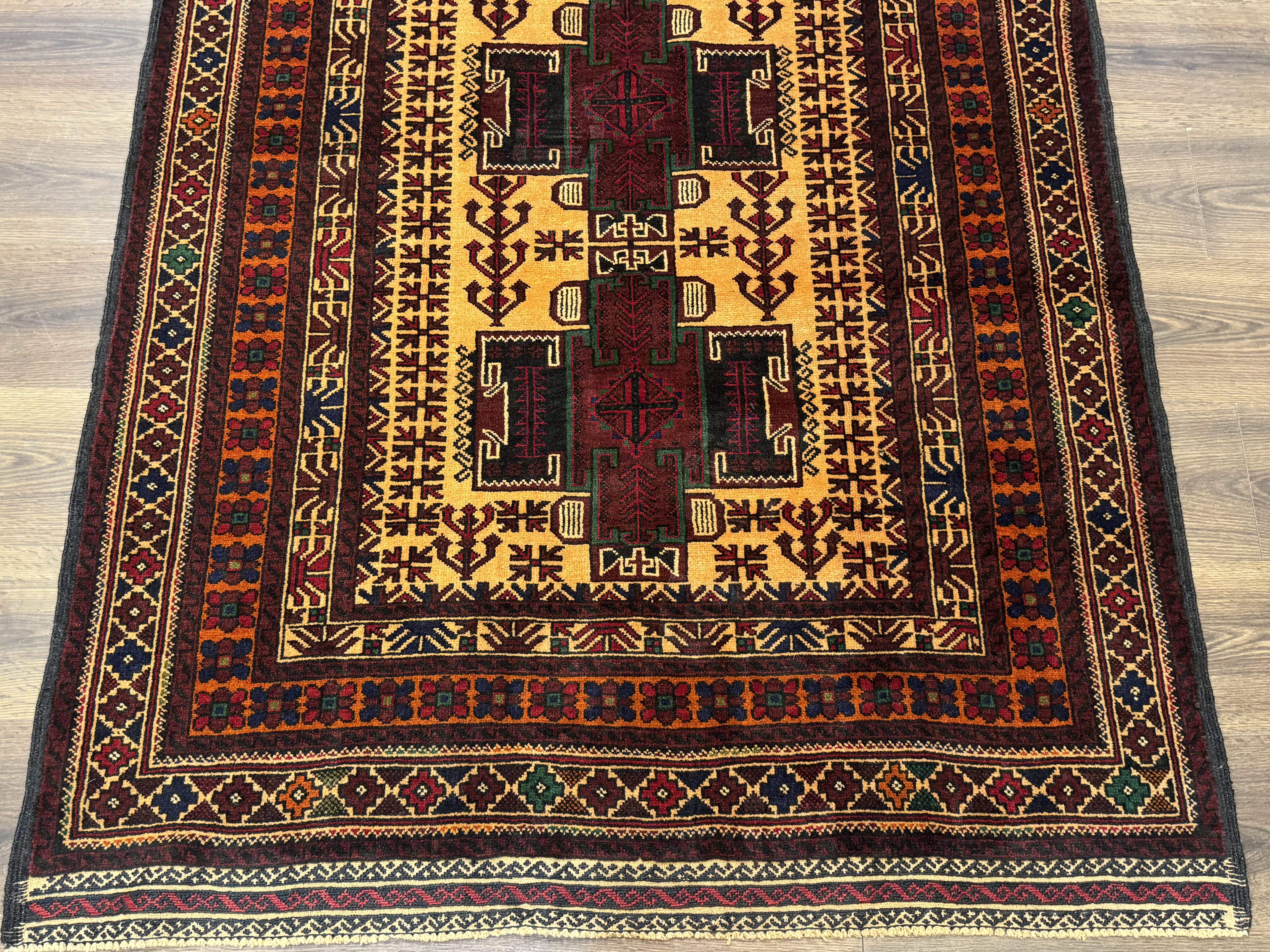 Persian Baluch Rug 4x7 – Golden Yellow and Burgundy, Hand-Knotted Wool Tribal Carpet - Jewel Rugs