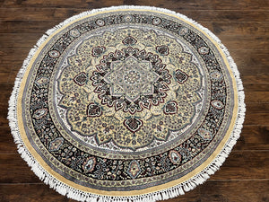 Round Silk Indian Kashmiri Rug 6x6, Hand Knotted Handmade Vintage Oriental Carpet, 6ft Round Rug with Medallion, Cream