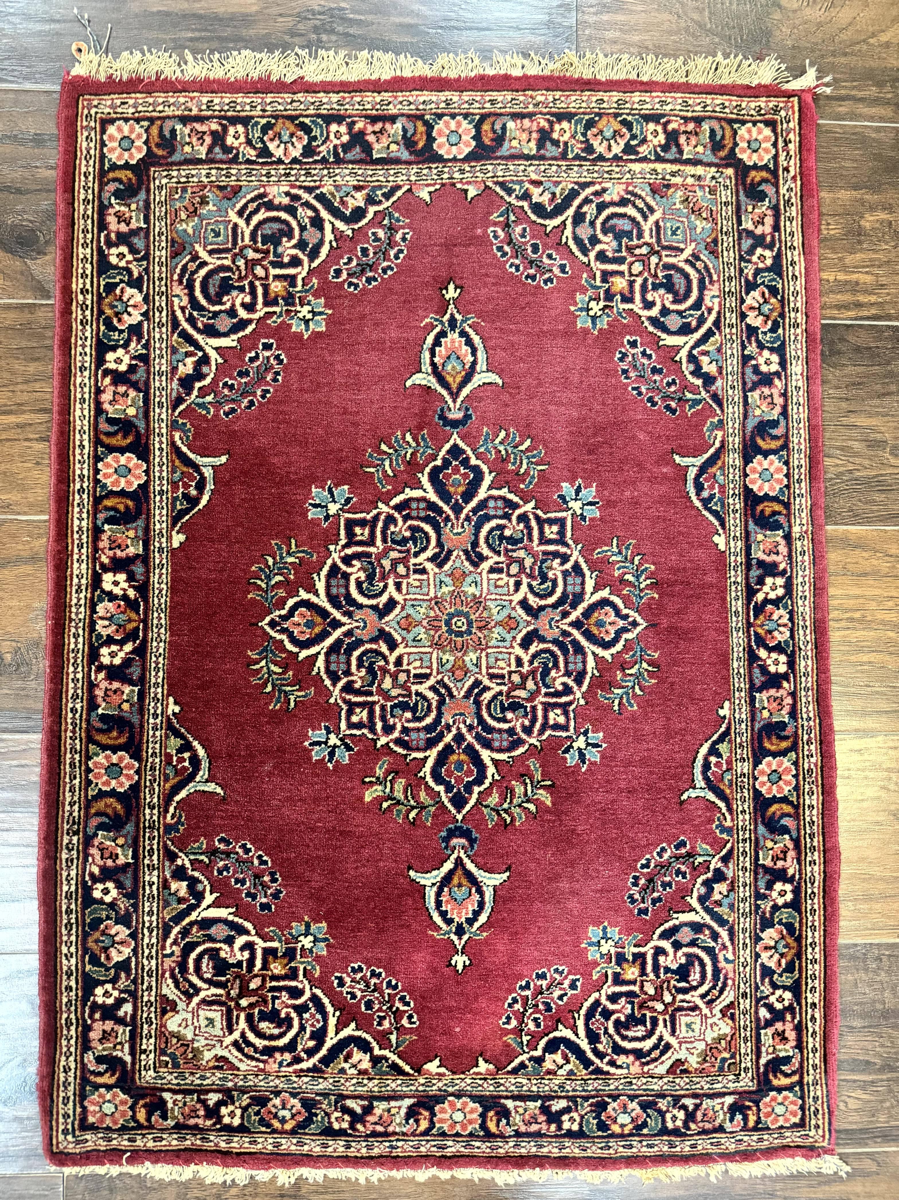 Small Persian Kashan Rug 2x3, Red and Navy Blue, Handmade Vintage Wool Semi Antique Persian Carpet, Semi Open Field - Jewel Rugs
