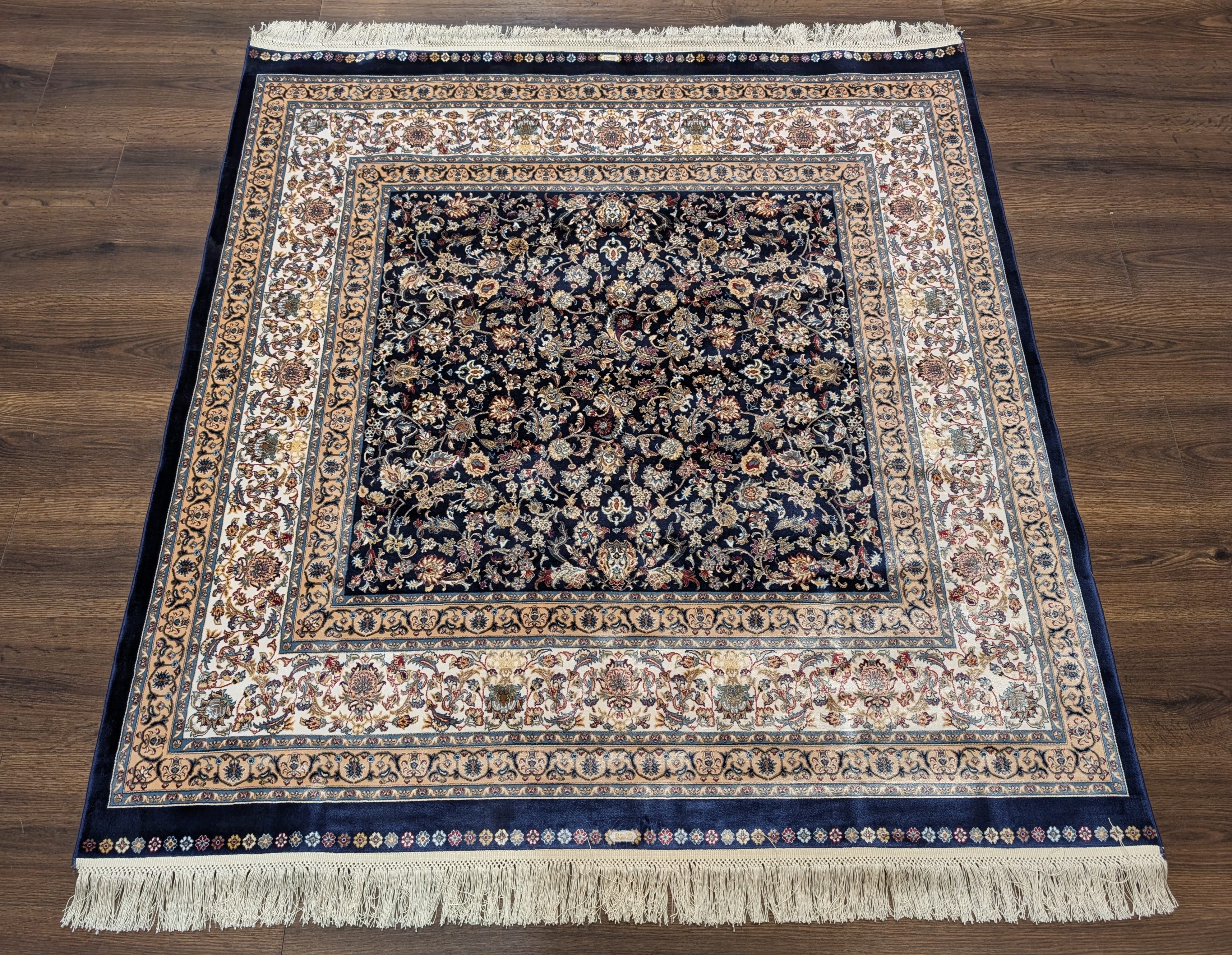 Square Turkish Silk Rug 5x5, Navy Blue and Ivory, Floral, Fine, Detailed, New, Bamboo Silk - Jewel Rugs