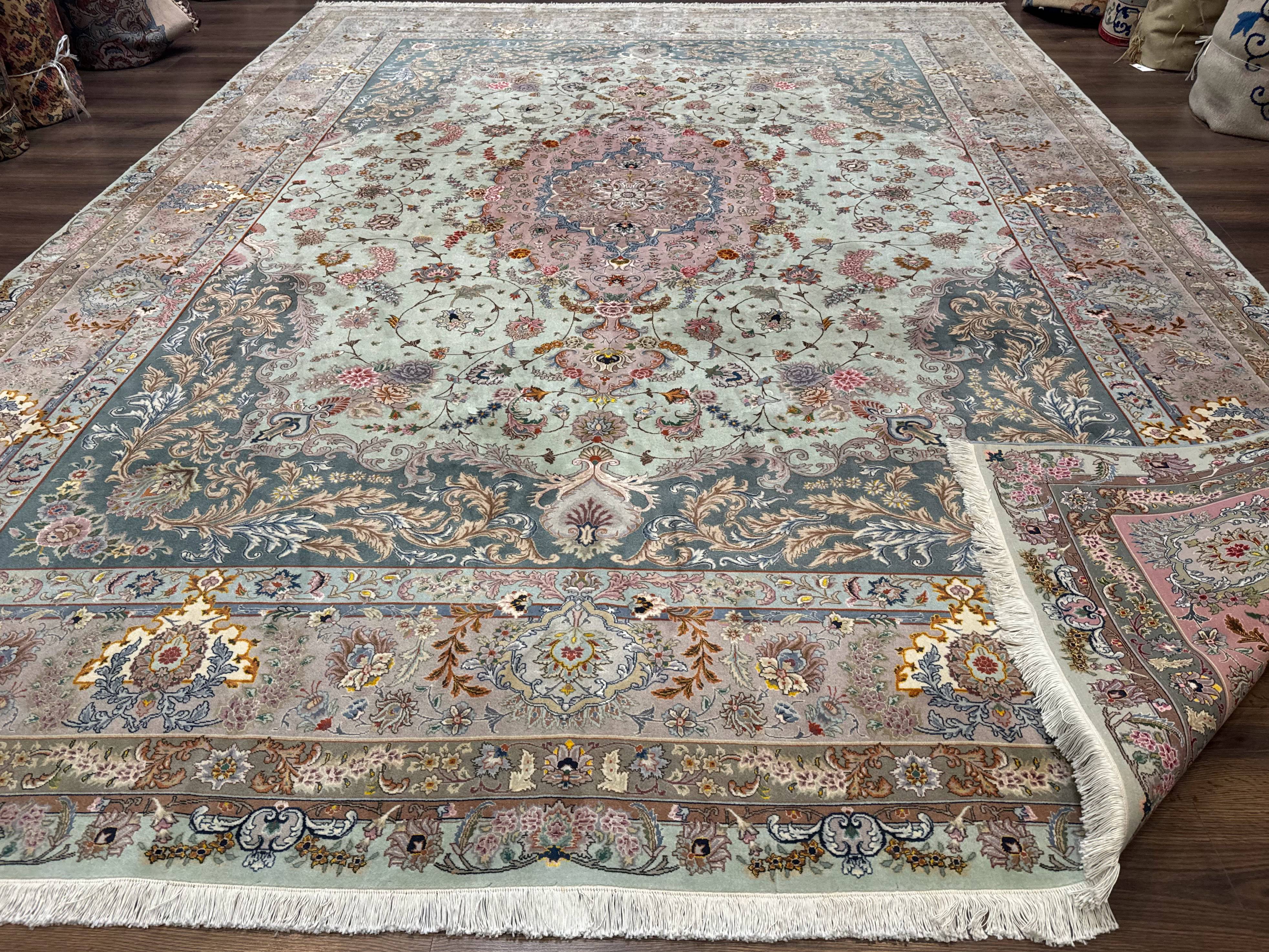 Marvelous Persian Tabriz Rug 10x13, Very Fine 380 KPSI, Mint Green Pink, Floral - Jewel Rugs