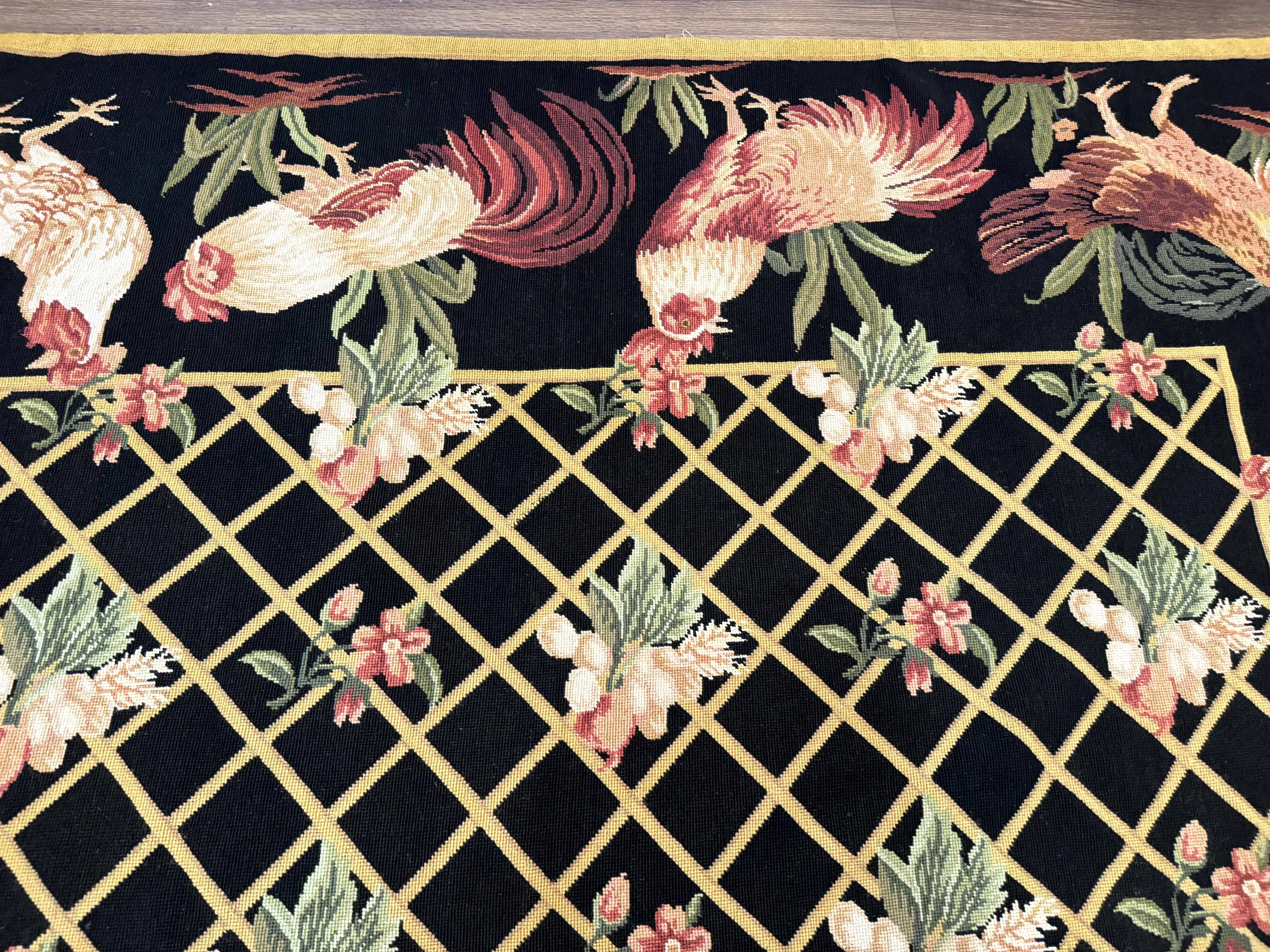 Black Needlepoint Rug 8x10, Roosters Floral Unique Needlepoint Carpet - Jewel Rugs