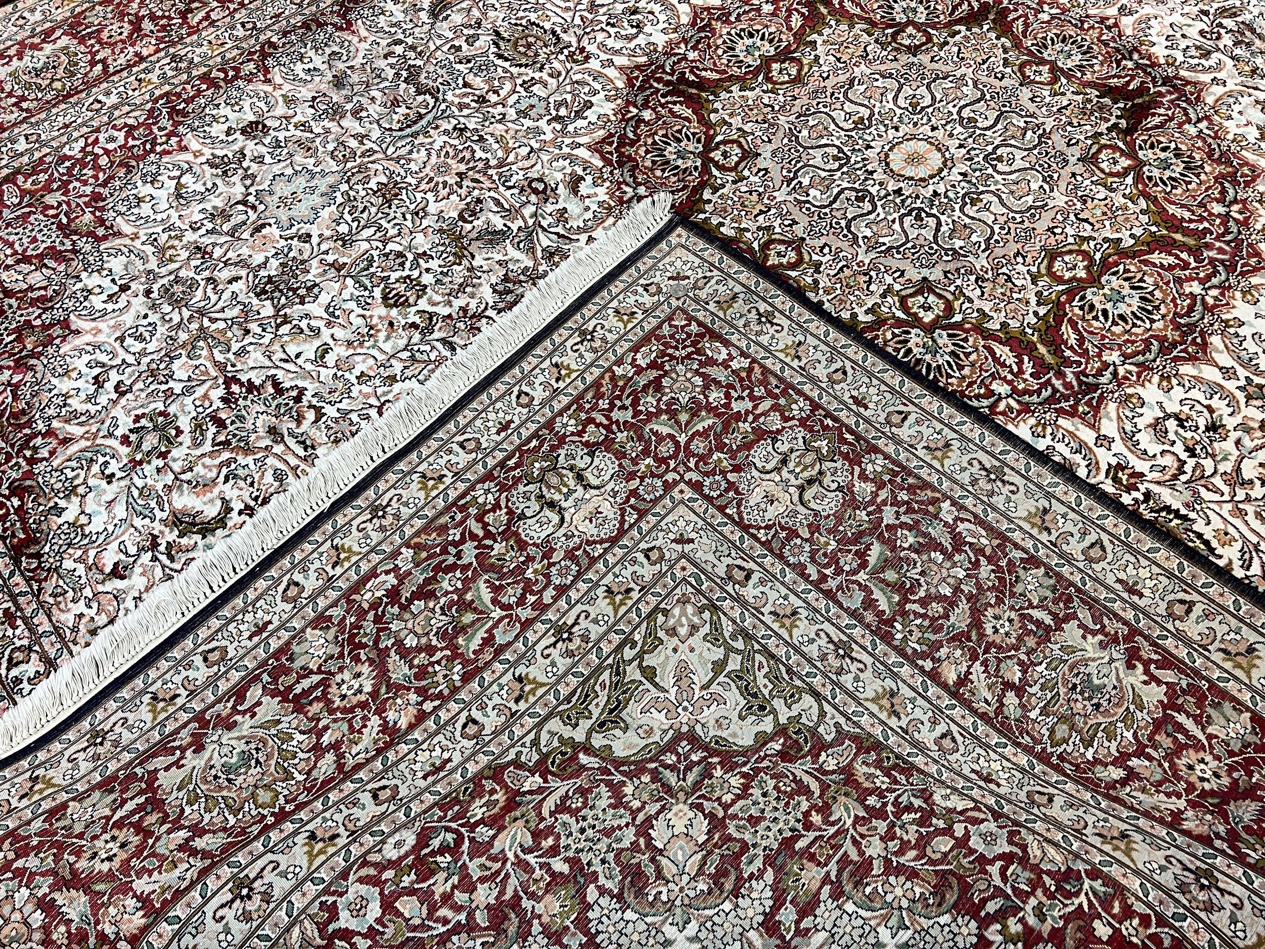 Silk Indian Kashmiri Rug 9 x 11 ft, Room Sized Silk Vintage Indo Persian Handmade Hand Knotted Fine Oriental Carpet, Ivory and Maroon - Jewel Rugs