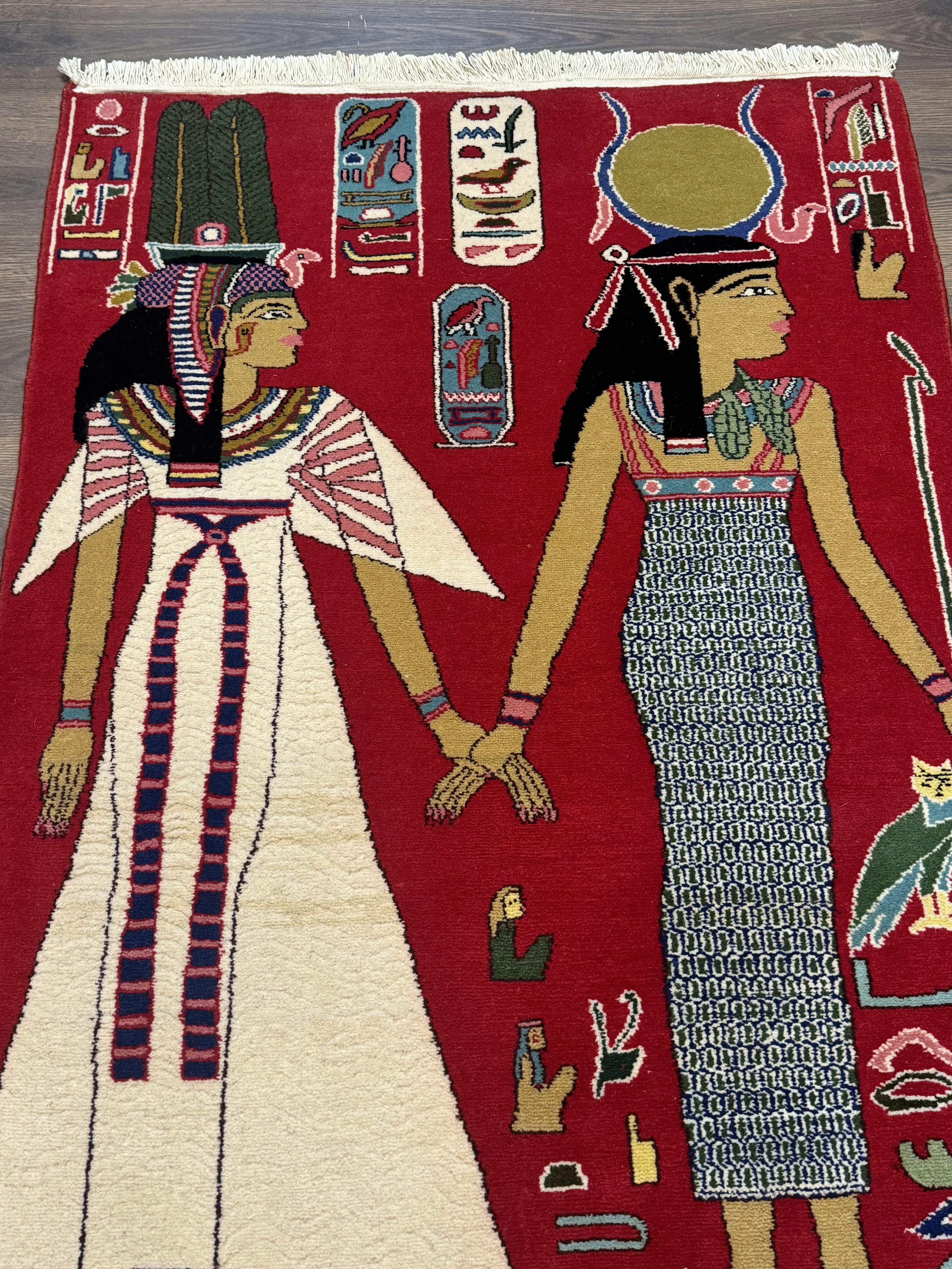 Egyptian Pictorial Rug 3x4, Hieroglyphic Pictorial Rug, Egyptian Prince and Princess, Cleopatra, Vintage Handmade, Red - Jewel Rugs