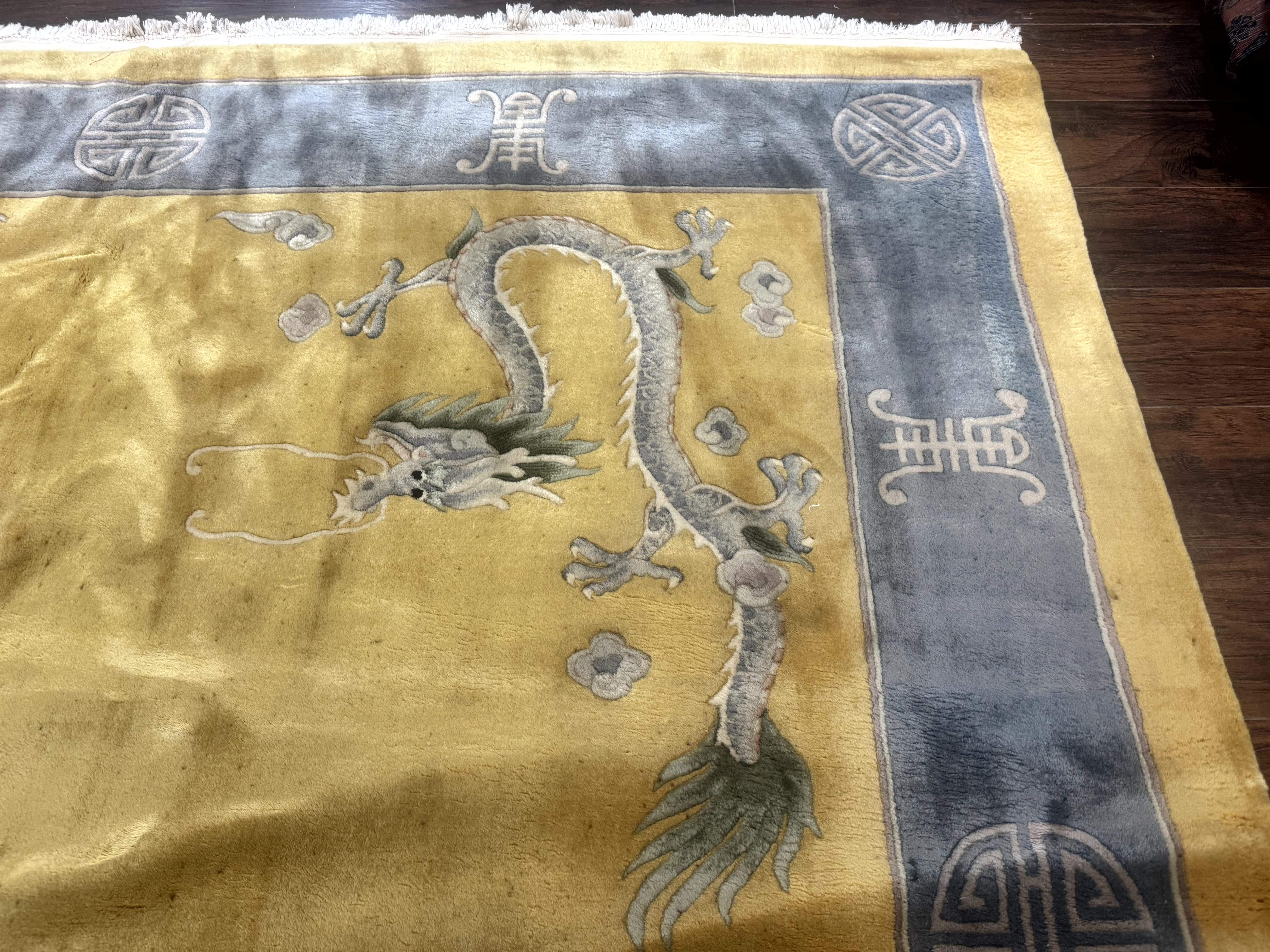 Chinese Wool Rug 9x12, Dragons and Center Medallion, Minimalistic Design, Gold and Light Blue, Peking Rug, 90 Line - Jewel Rugs