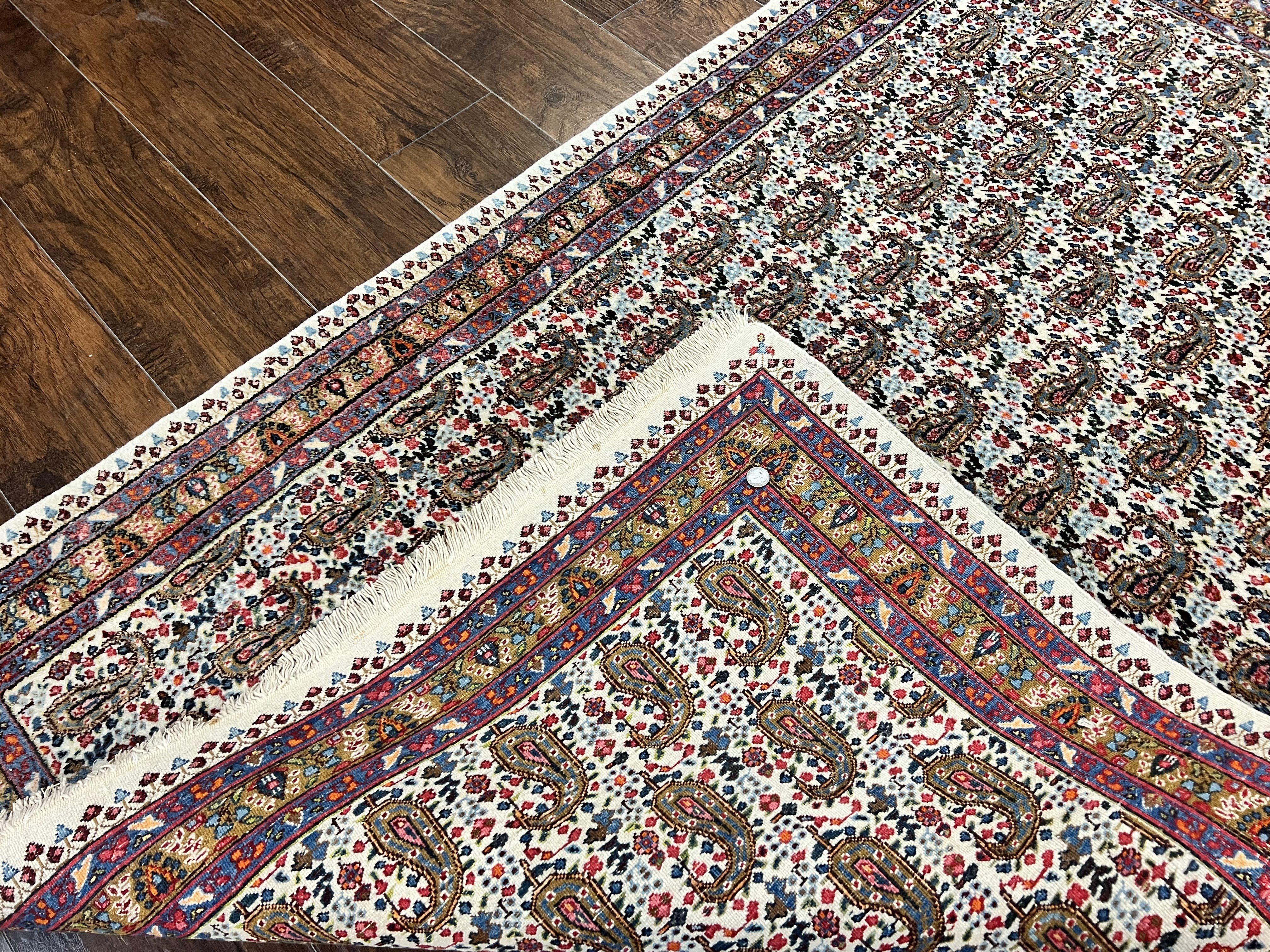 Persian Rug 4x6, Mashad Kashmar Rug, Boteh Paisley Design, Allover Repeated Pattern, Ivory Hand Knotted Vintage Semi Antique Persian Oriental Carpet - Jewel Rugs